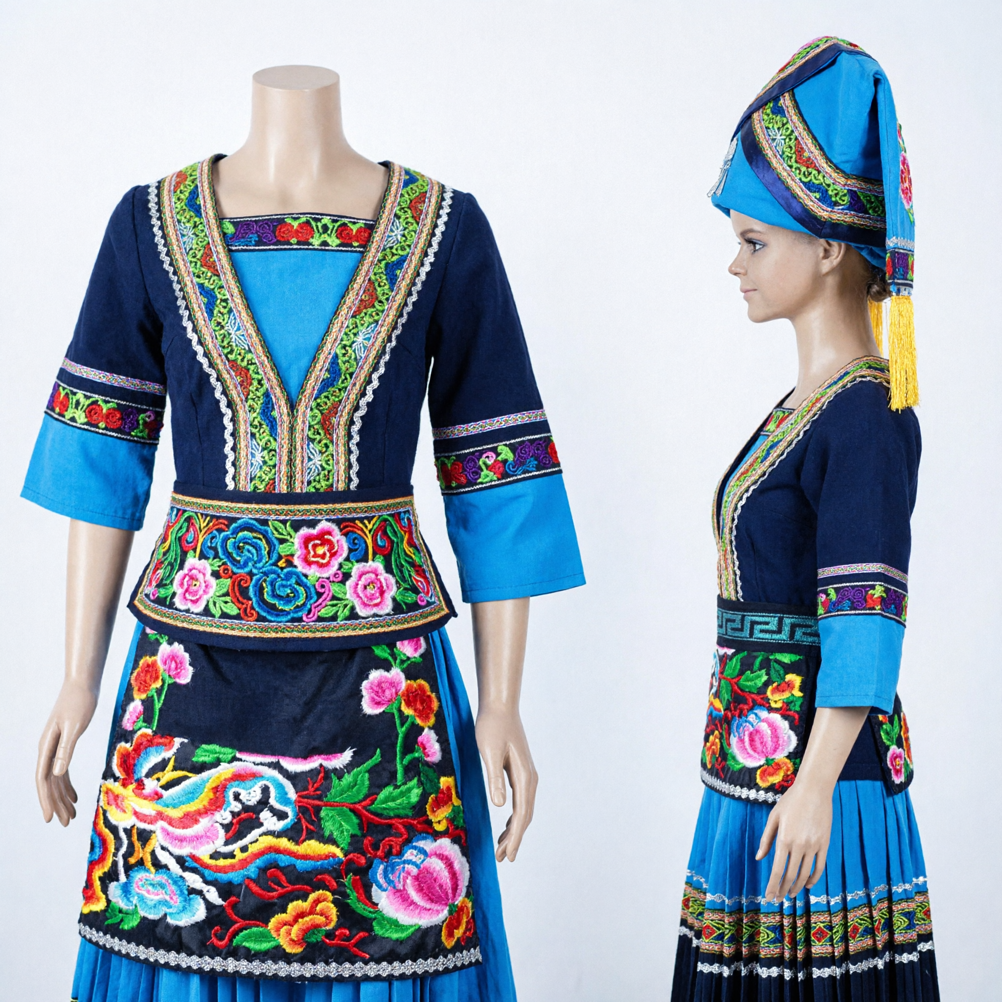 Traditional Chinese Ethnic Blue Embroidered Folk Costume Complete Set with Hat for Women Stage Performance