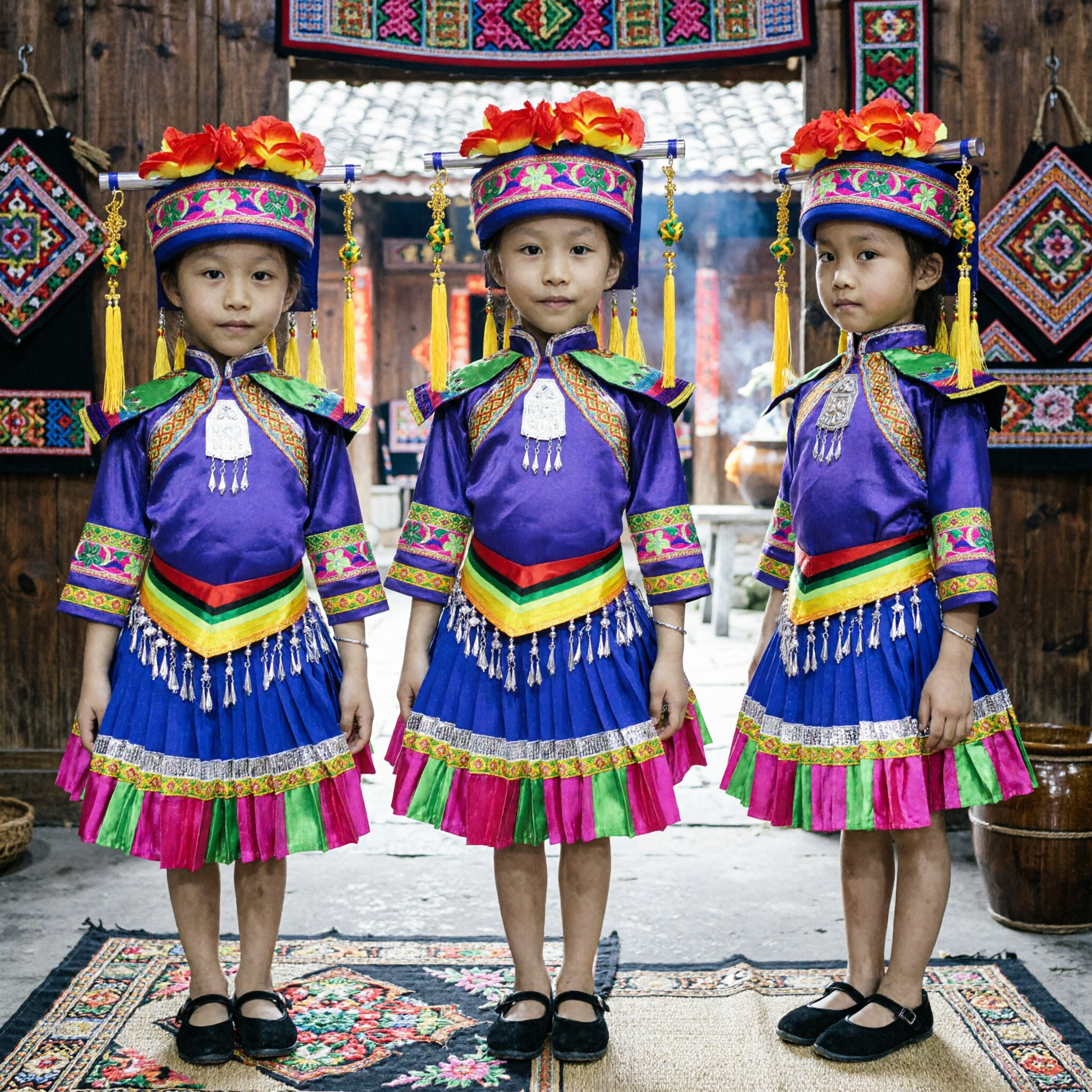 Chinese Ethnic Minority Dance Costume for Girls Traditional Stage Performance Outfit with Embroidered Hat