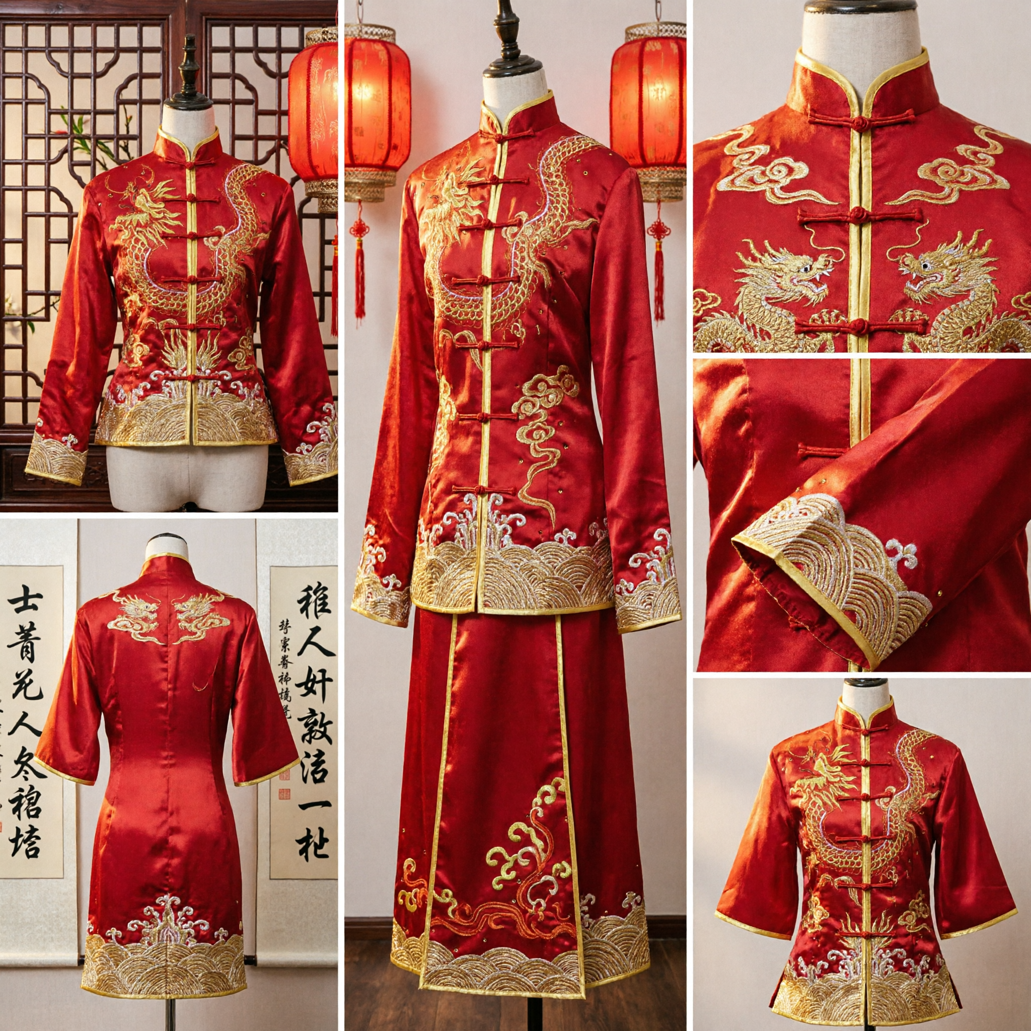 Red Chinese Kung Fu Uniform Gold Dragon Embroidery Traditional Tang Suit Martial Arts Performance Costume