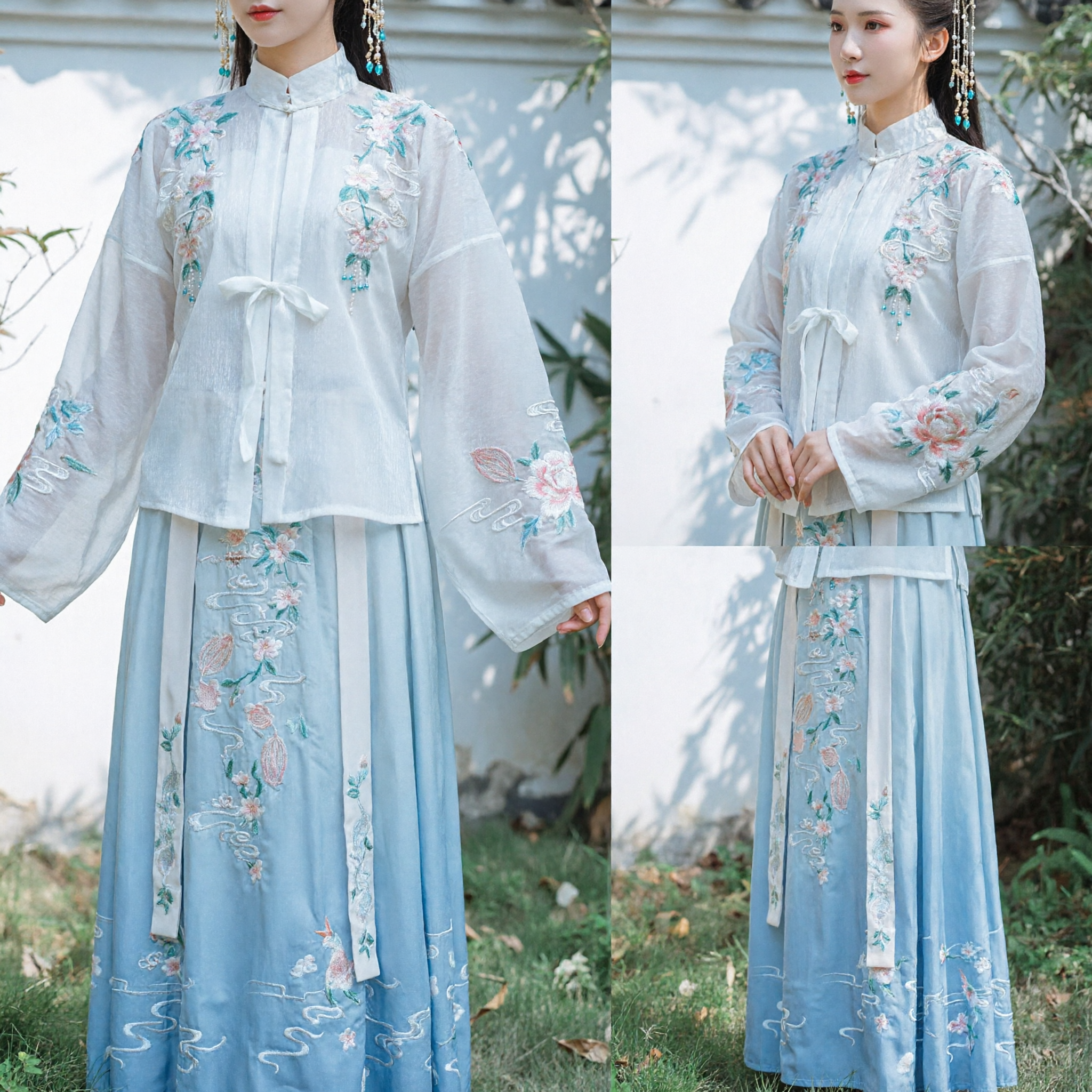 Elegant Blue Hanfu Traditional Chinese Clothing Embroidered Ming Dynasty Stand Collar Top and Long Skirt for Women