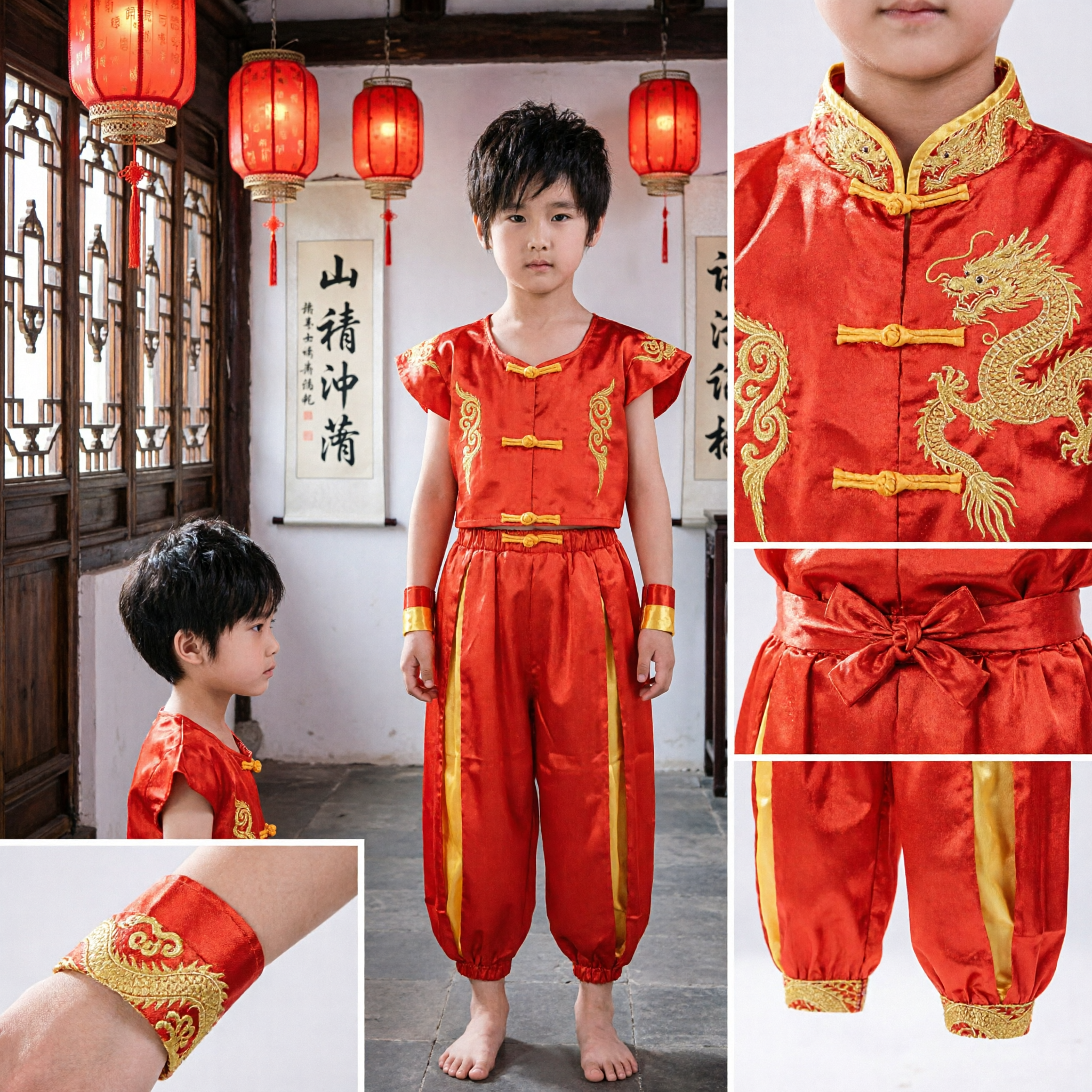 Kids Boys Red Kung Fu Uniform Traditional Chinese Martial Arts Costume for Wushu Performance and Dance