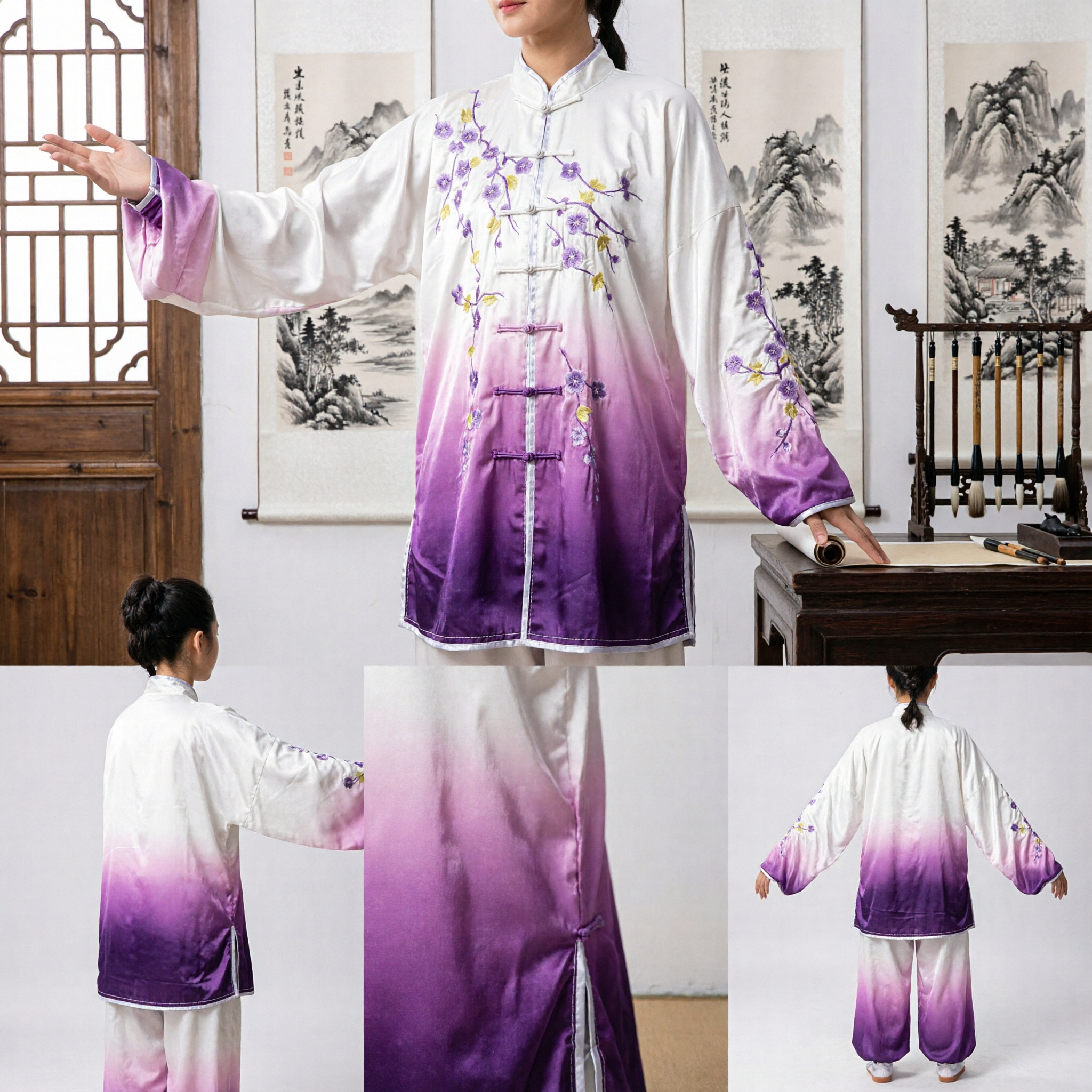Women's Traditional Chinese Tai Chi Uniform Purple Gradient Kung Fu Suit with Floral Embroidery for Martial Arts Practice