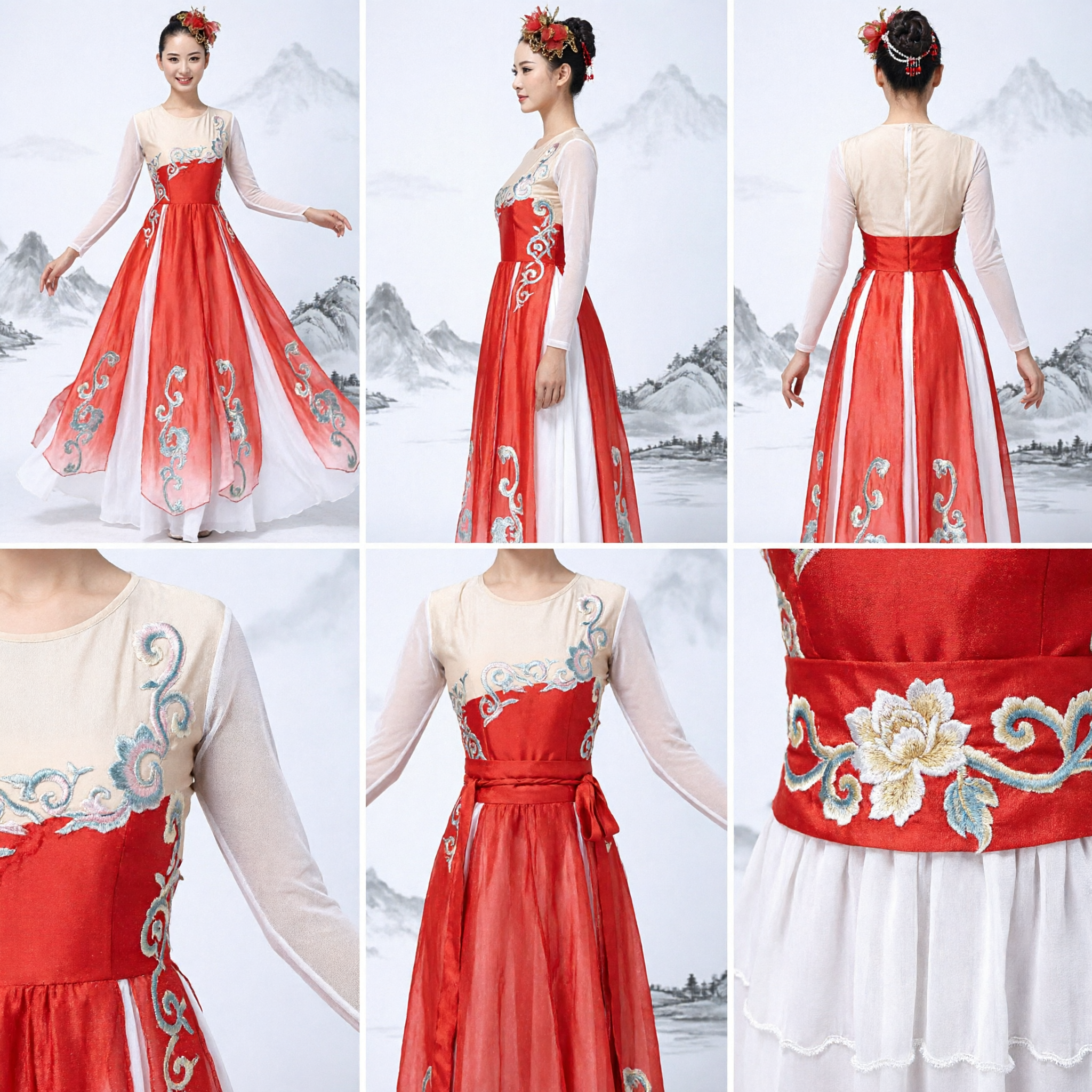 Traditional Chinese Dance Costume for Women Red and White Embroidered Folk Dance Dress Stage Performance Yangge Outfit