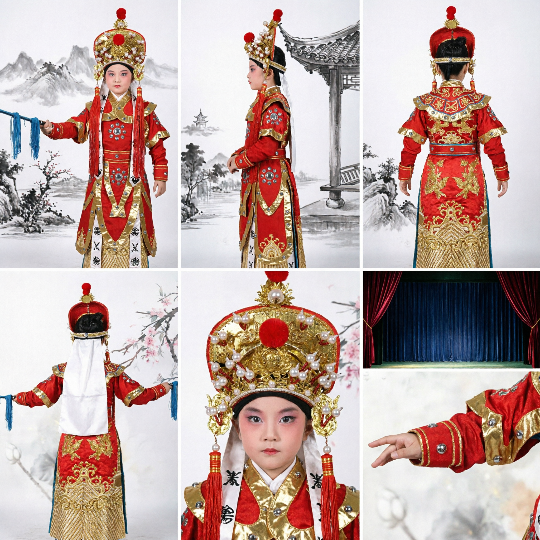 Traditional Chinese Peking Opera Costume for Kids Red Female General Warrior Dress with Headpiece Stage Performance
