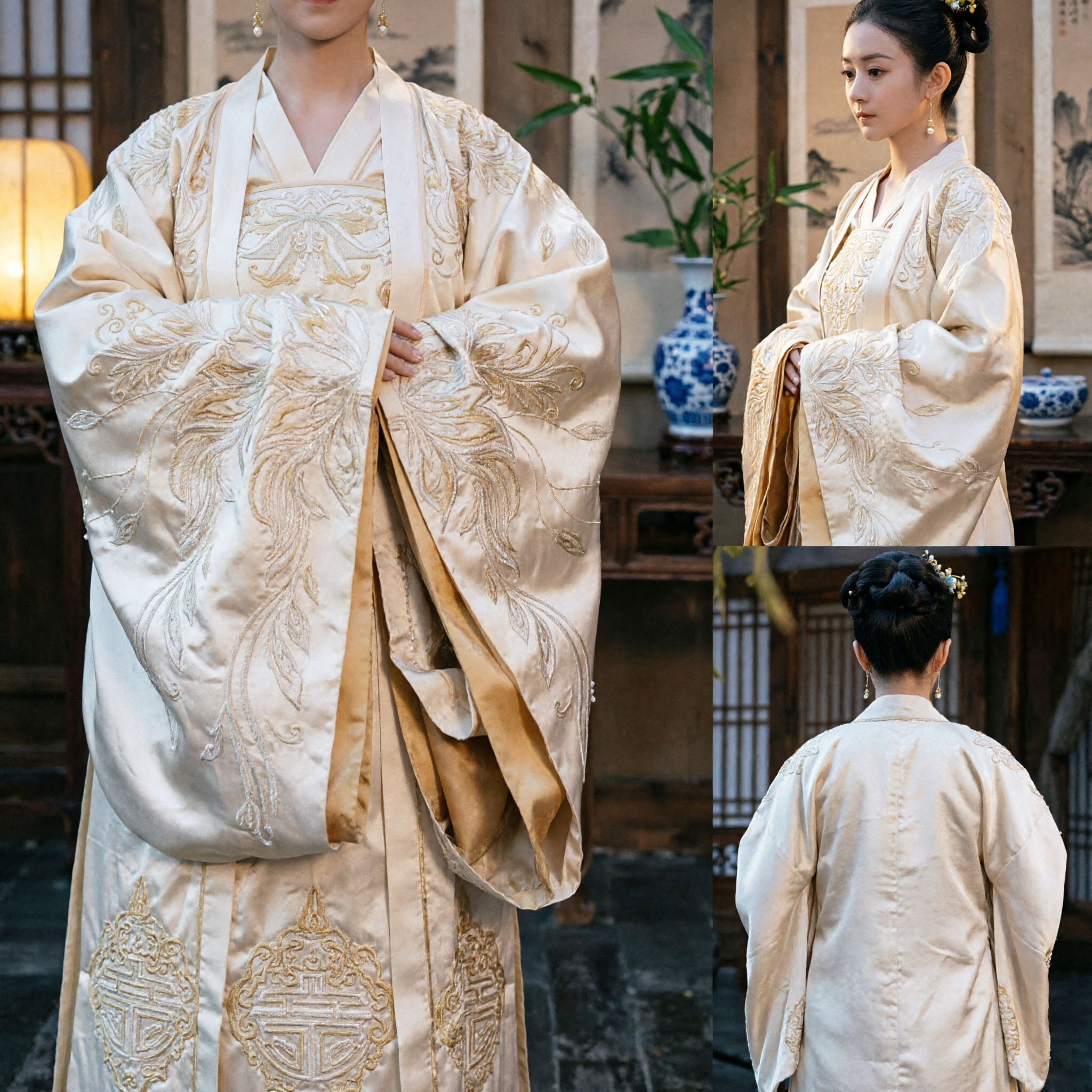 Traditional Chinese Ancient Costume Song Dynasty Hanfu Elegant Embroidered Beige Robe for Women Cosplay Performance