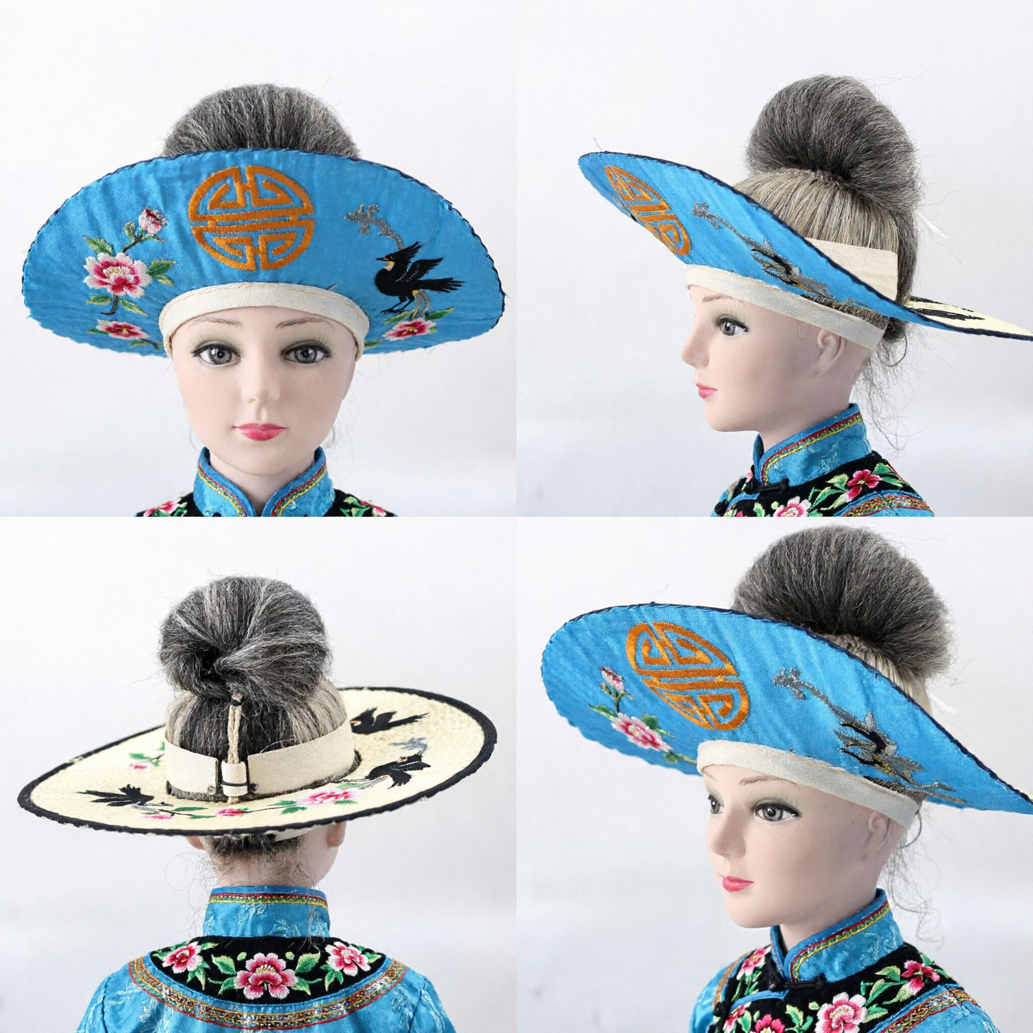 Traditional Chinese Ancient Scholar Blue Wide-Brimmed Hat with Grey Hair Bun Wig for Men Hanfu Costume