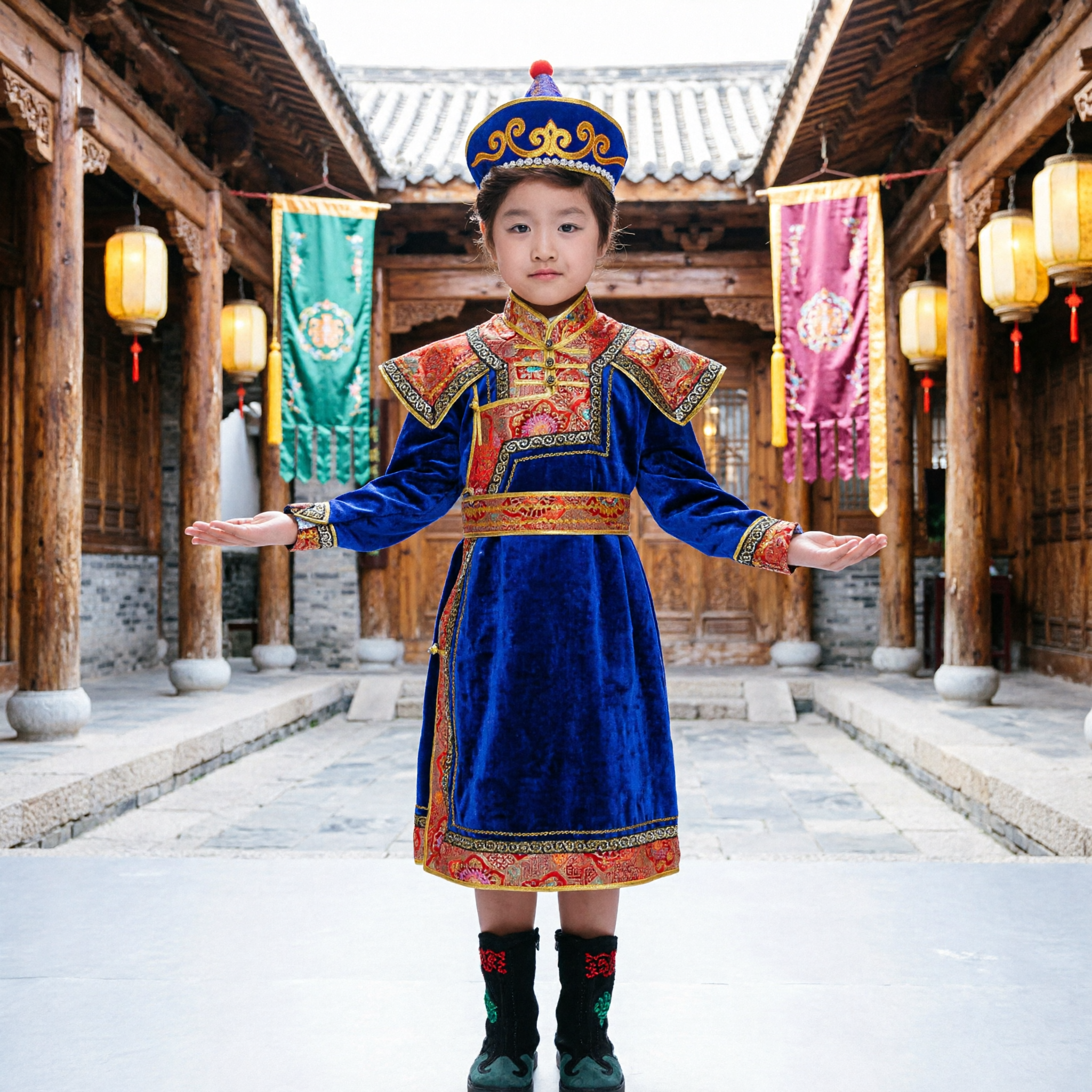 Kids Boys Mongolian Traditional Ethnic Dance Performance Costume Blue Embroidered Robe and Hat Set