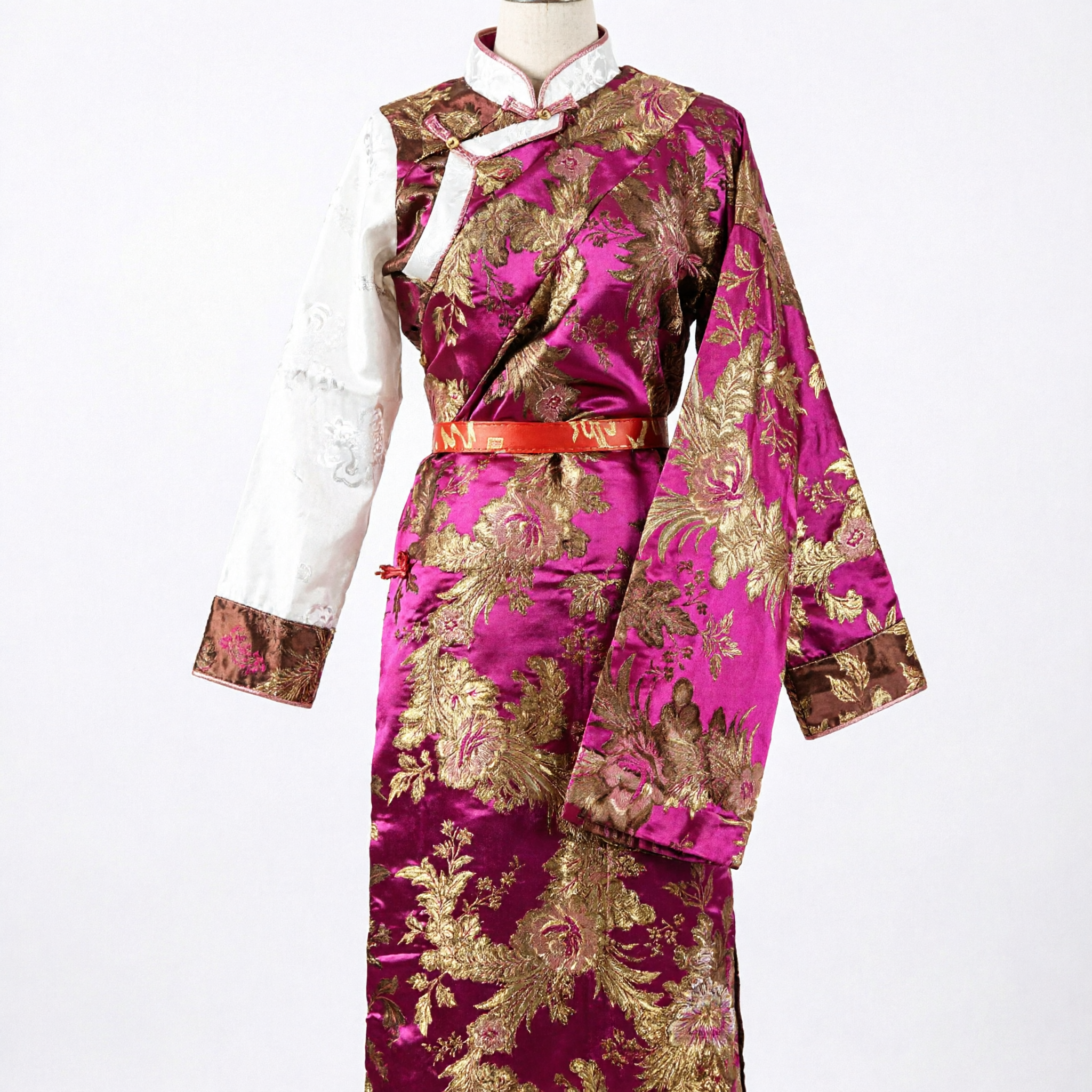 Vibrant Pink Gold Brocade Traditional Chinese Robe Ethnic Stage Performance Costume for Women and Girls