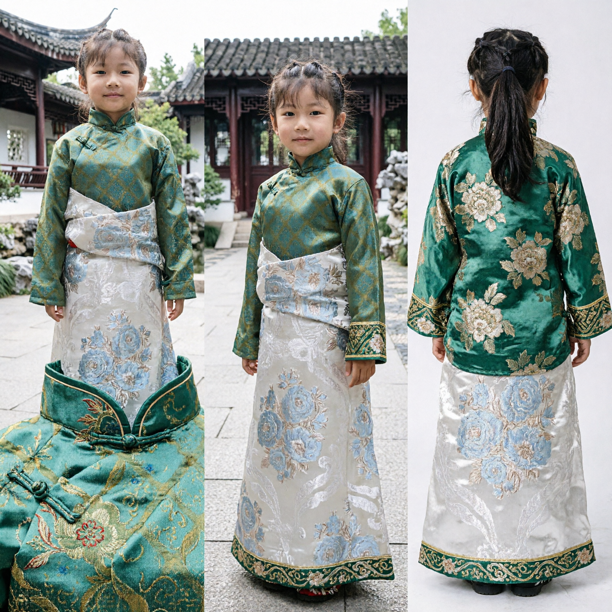 Traditional Tibetan Costume for Kids Girls Green Silk Chuba Robe for Folk Dance Performance