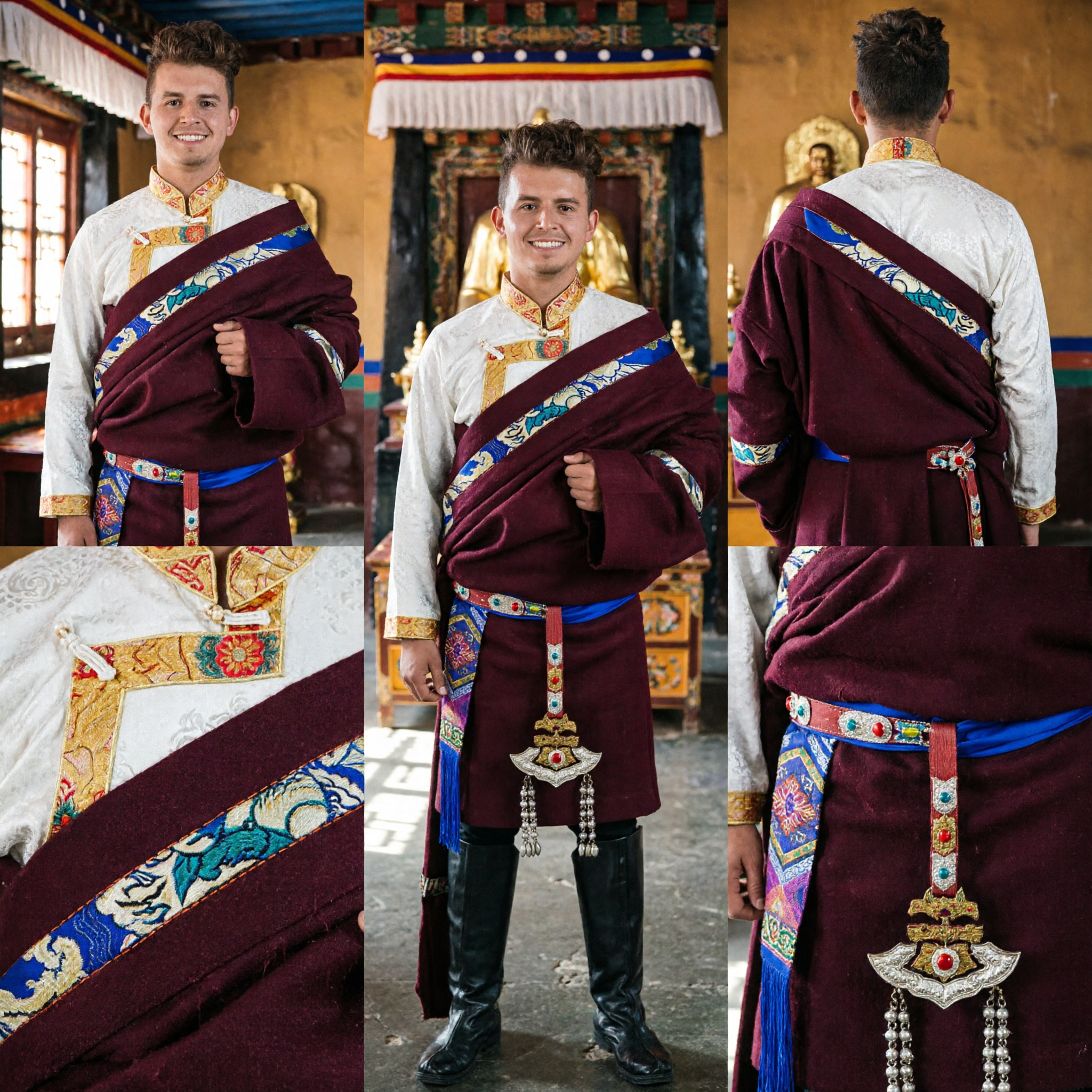 Traditional Tibetan Costume for Men Ethnic Chuba Robe Folk Dance Performance Outfit with Ornaments