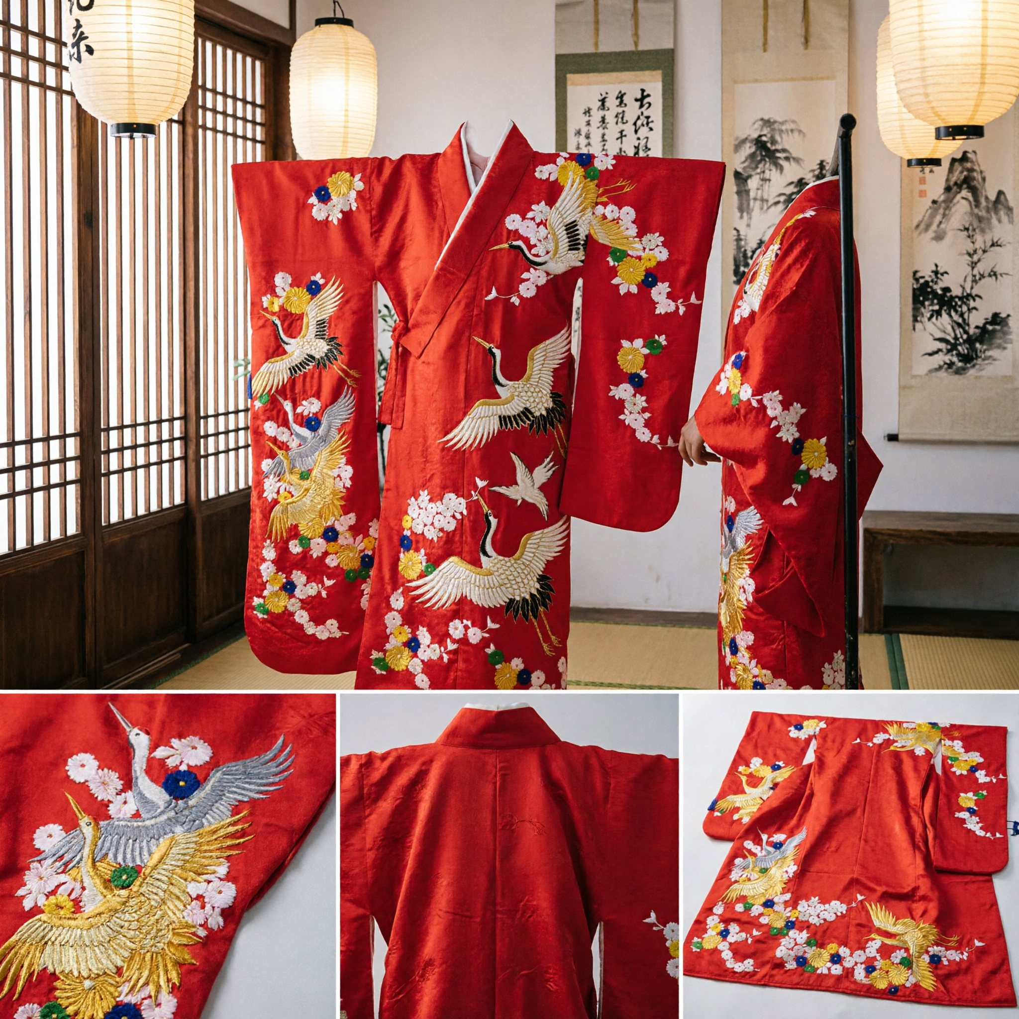 Vibrant Red Japanese Furisode Kimono with Gold Crane and Floral Embroidery for Women Traditional Ceremonies