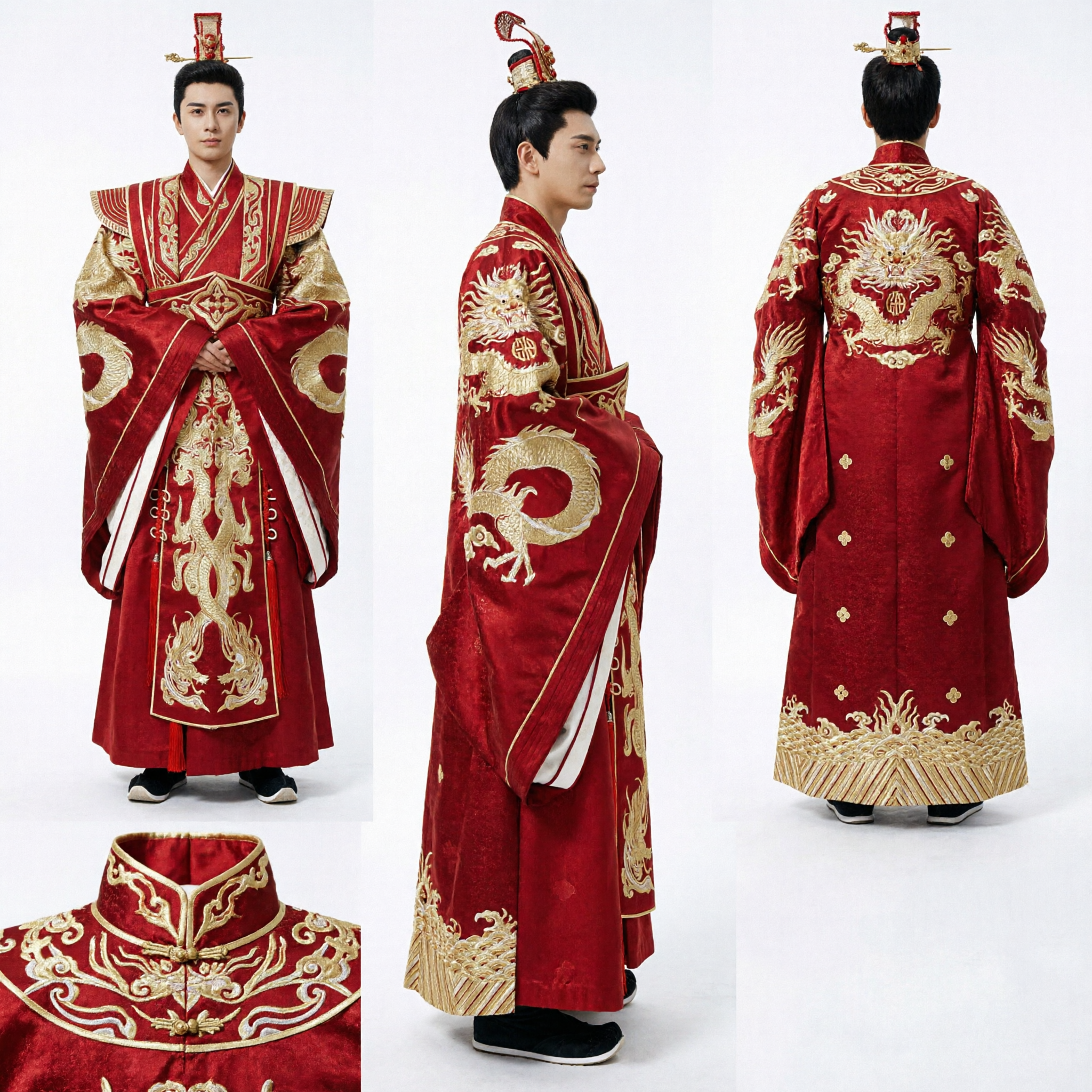 Men's Ancient Chinese Imperial Red Dragon Robe Traditional Hanfu Costume for Wedding and Performance