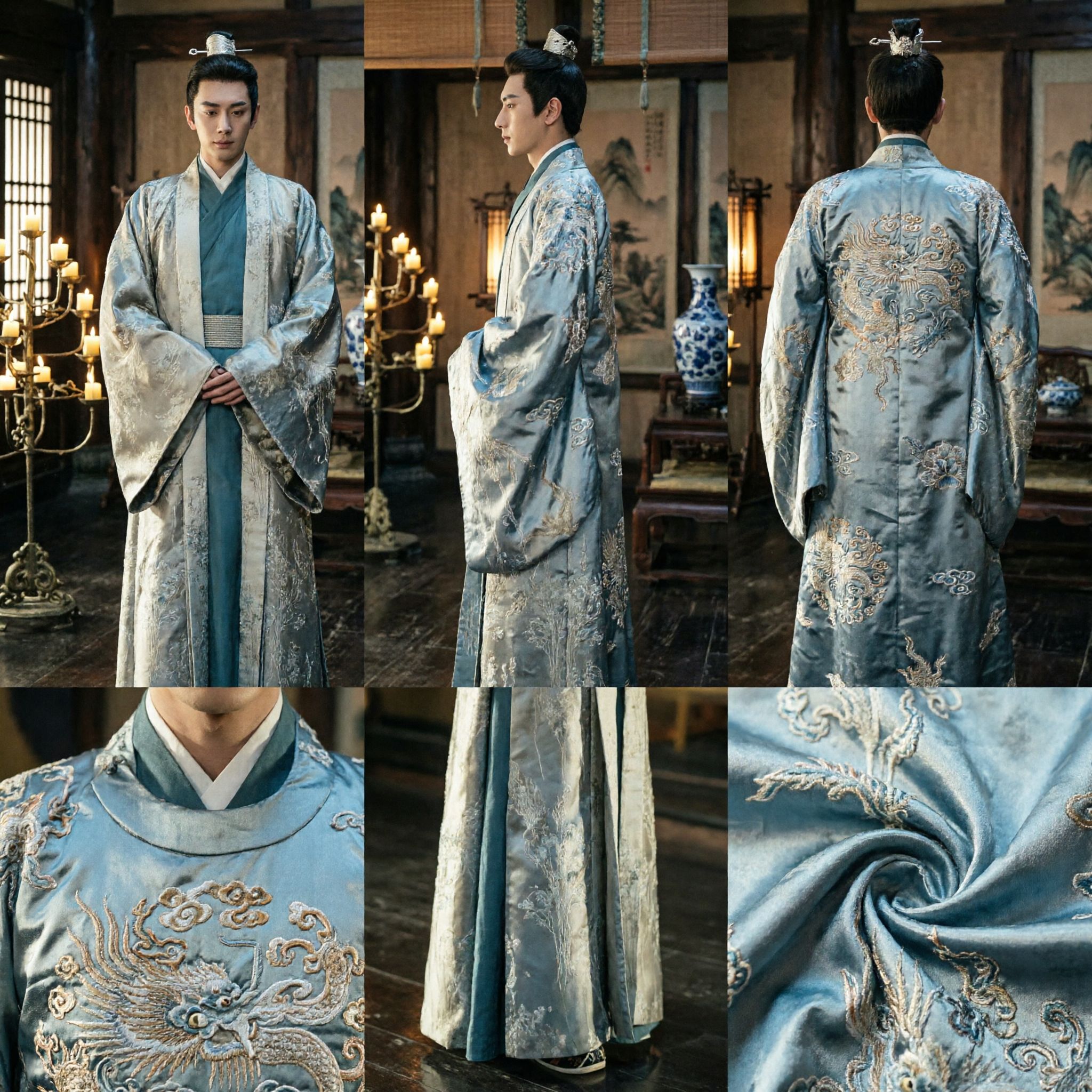 Traditional Chinese Hanfu Men's Ancient Costume Blue Silver Brocade Robe for Prince Nobleman Cosplay