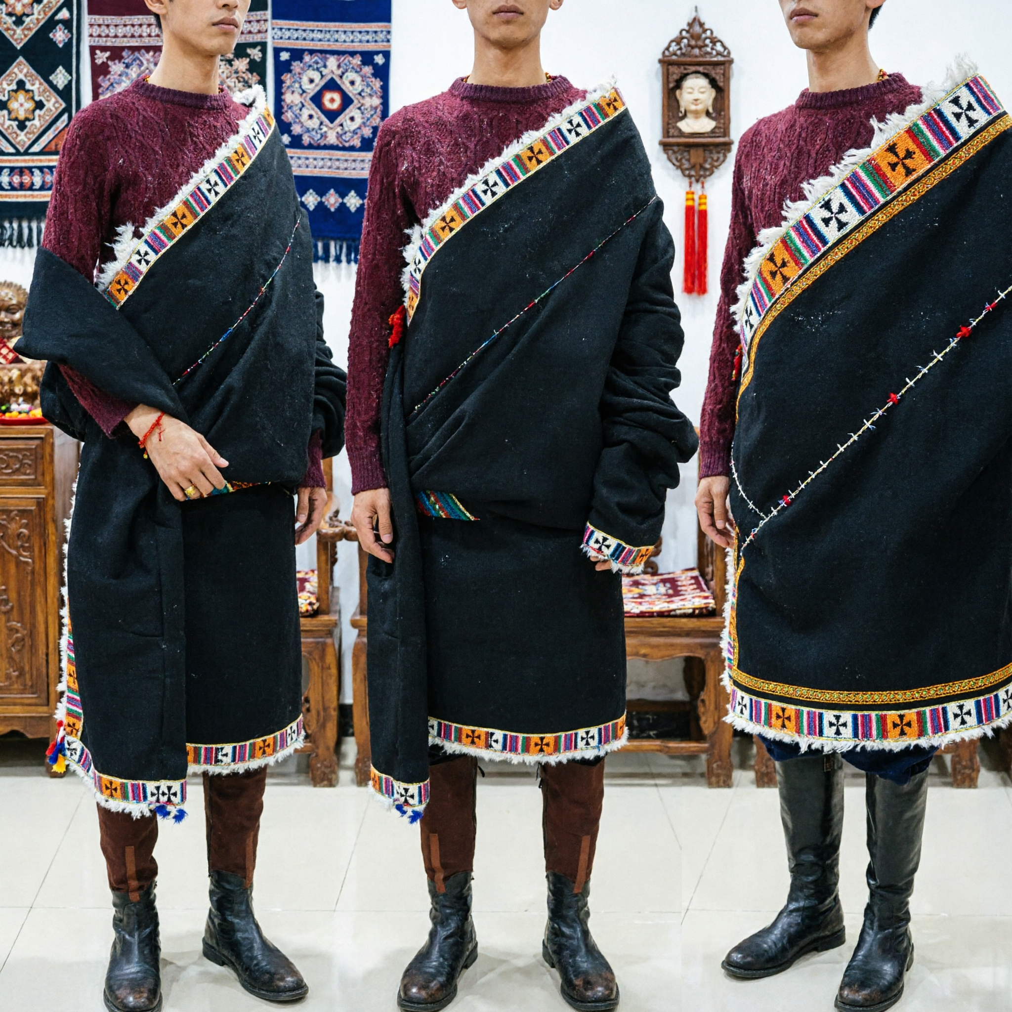 Traditional Tibetan Style Black Wool Chuba Robe with Colorful Embroidered Border for Ethnic Dance and Festival