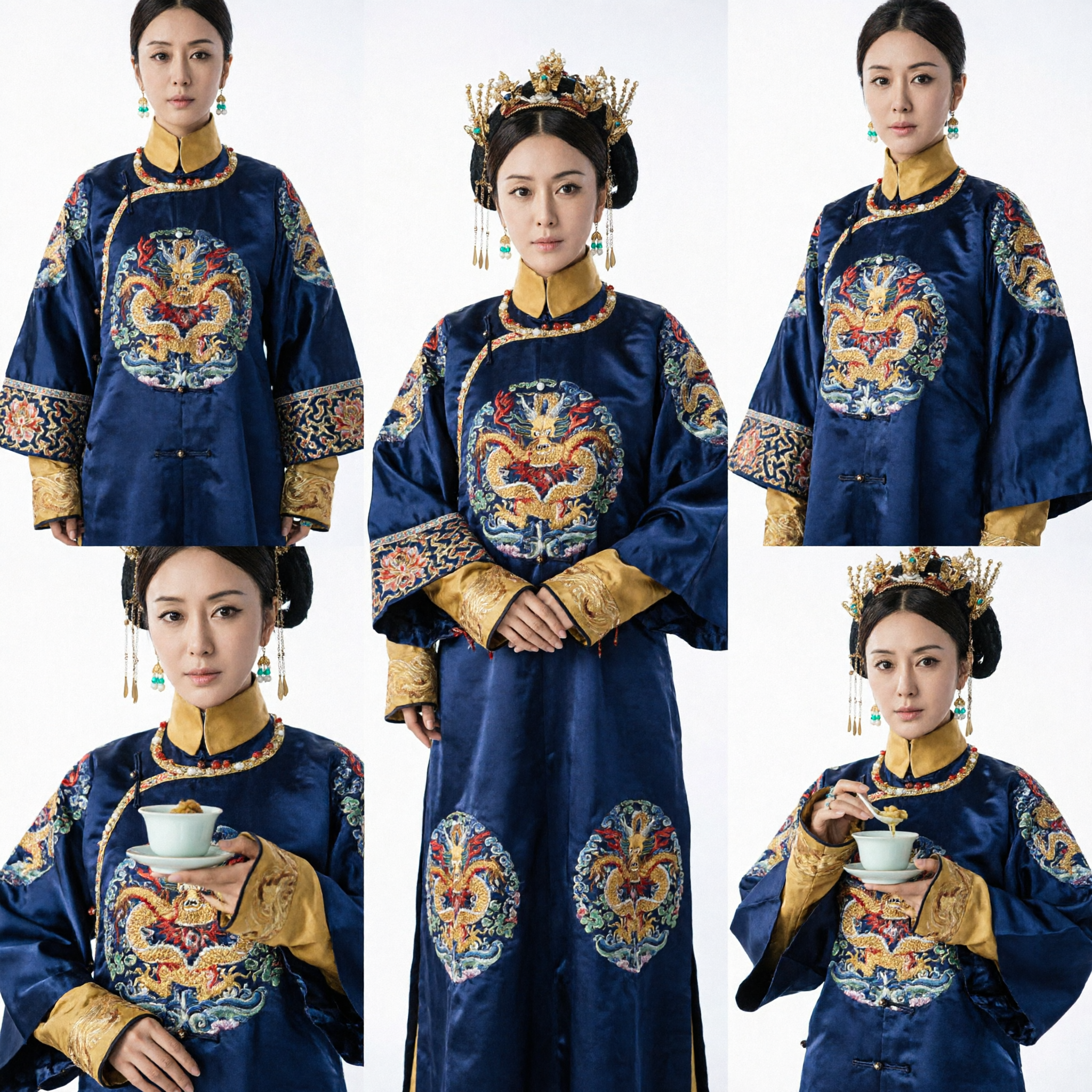 Qing Dynasty Empress Costume Traditional Chinese Blue Dragon Embroidery Court Robe Ancient Clothing for Women Cosplay