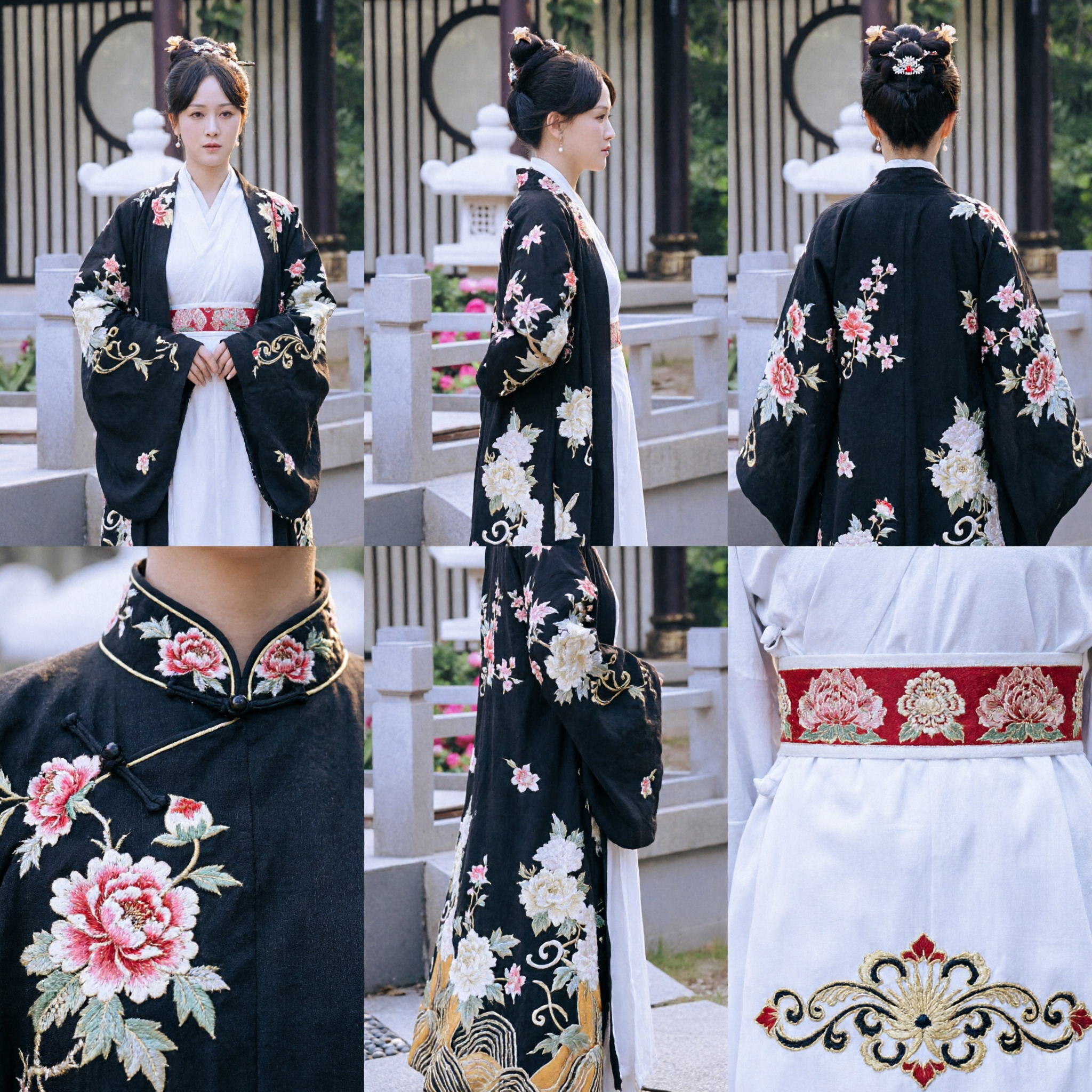 Elegant Ancient Chinese Hanfu Costume Black Embroidered Crane Robe and White Dress for Women Cosplay Photography