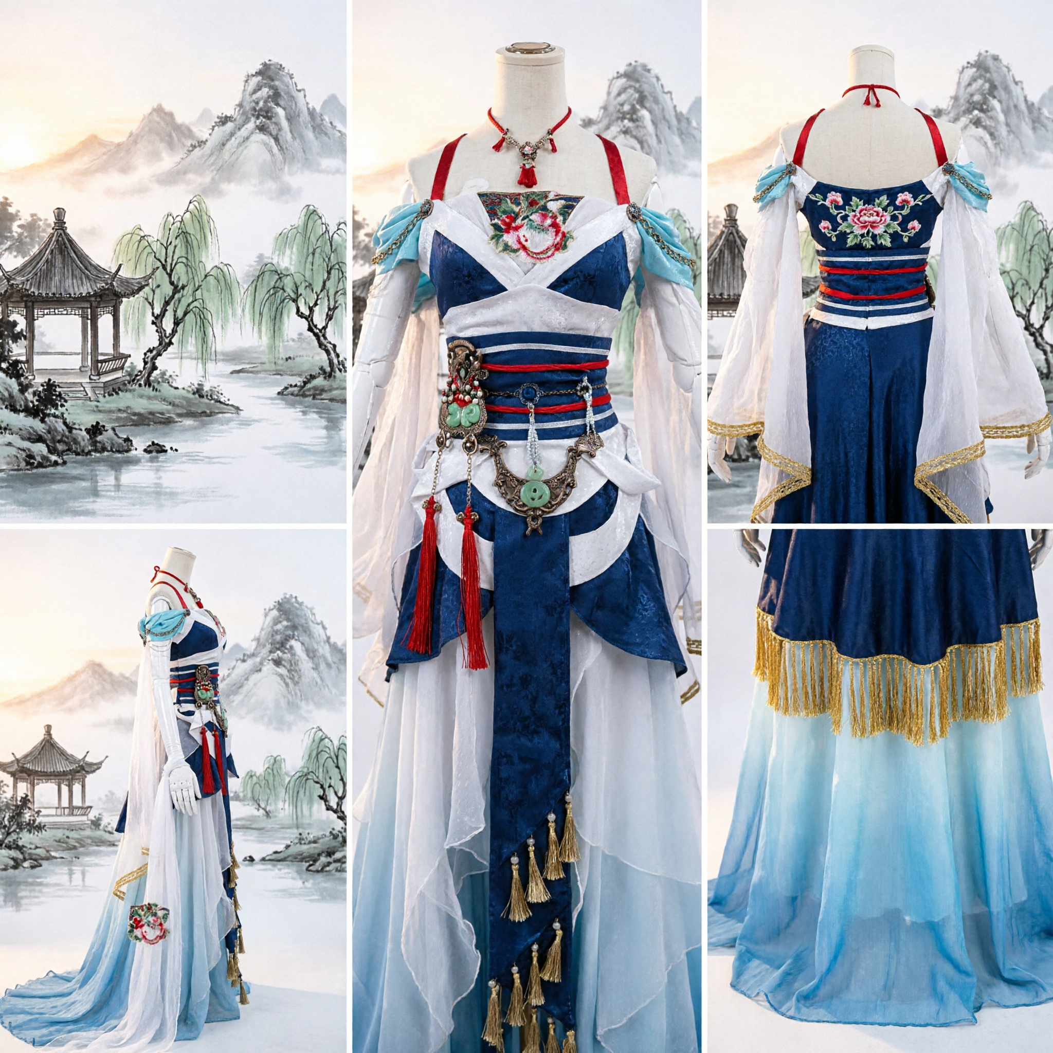Traditional Chinese Hanfu Cosplay Costume Blue White Ancient Fairy Dress for Women Gaming Conventions