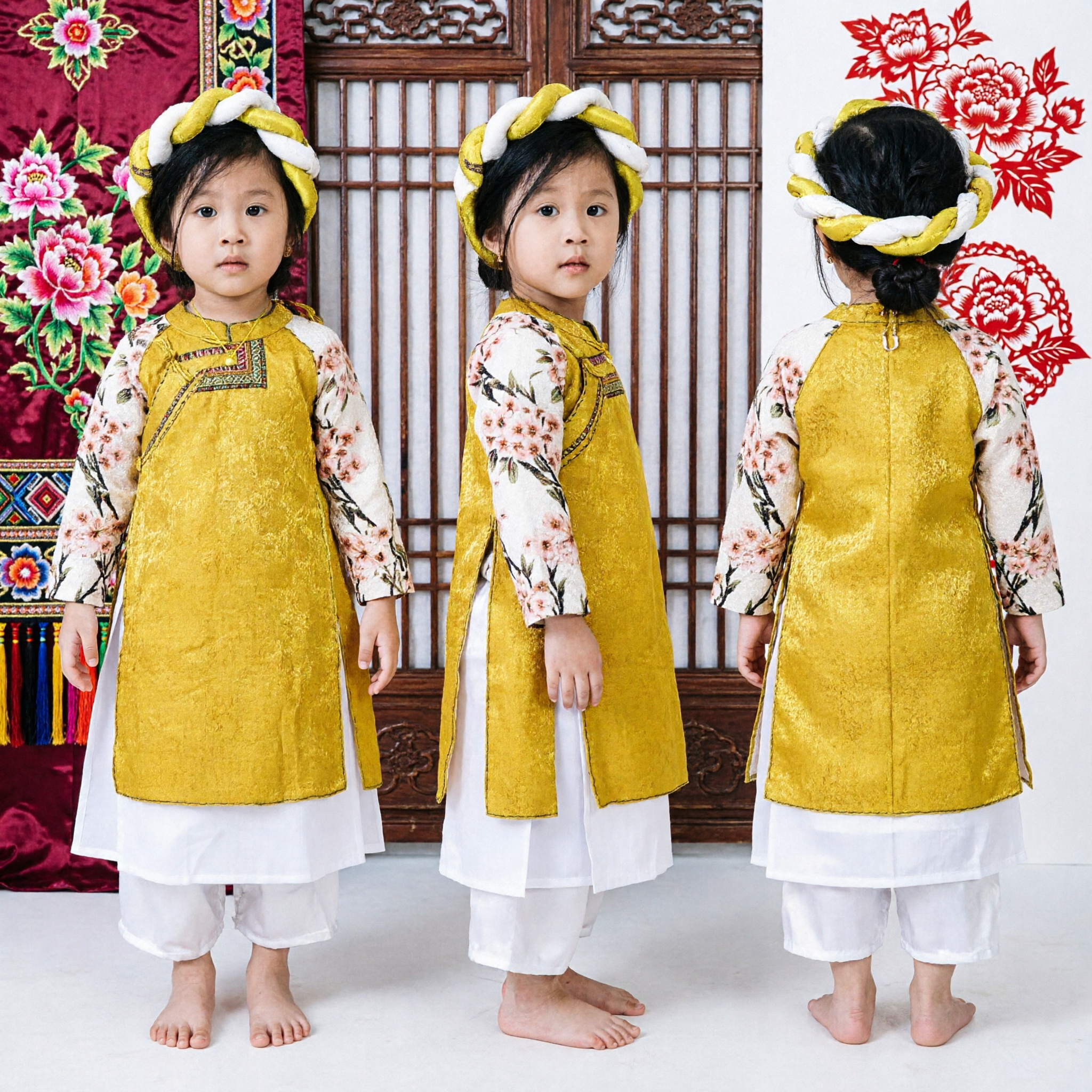 Kids Vietnamese Traditional Ao Dai Costume Yellow Floral Print Dress Girl Tet Holiday Party Outfit