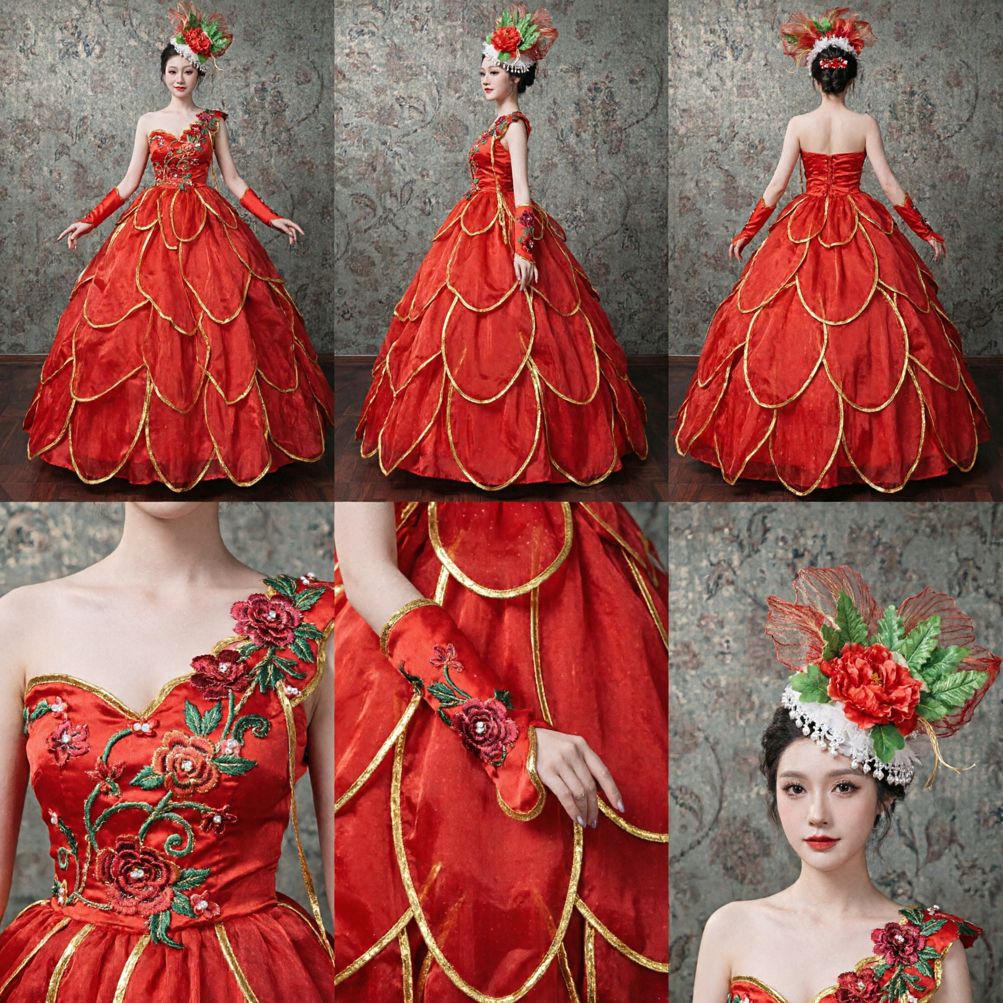 Chinese Traditional Red Flower Dance Costume Women Stage Performance Dress Folk Art