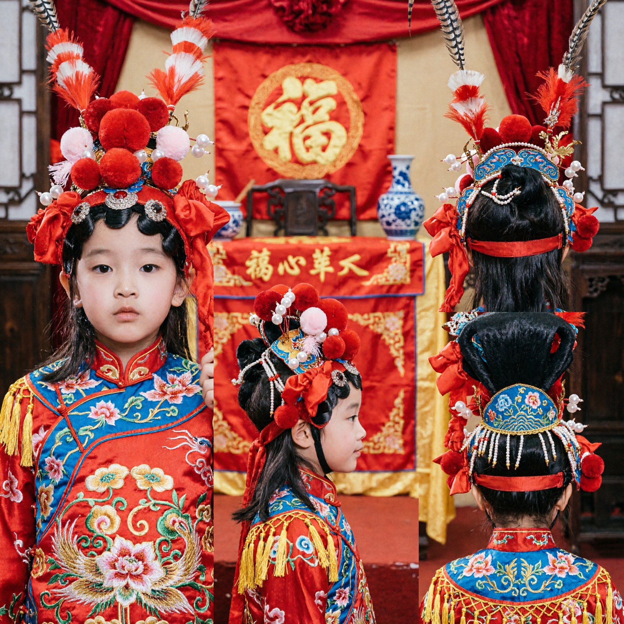 Traditional Chinese Peking Opera General Headdress Red Pom Poms Pheasant Feathers Hair Accessories for Kids Girls