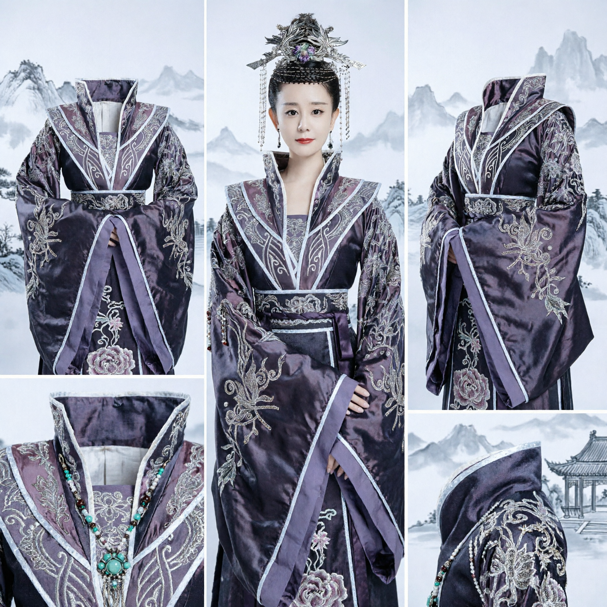 Ancient Chinese Empress Costume Purple Hanfu Dress with Silver Embroidery and Headdress for Women