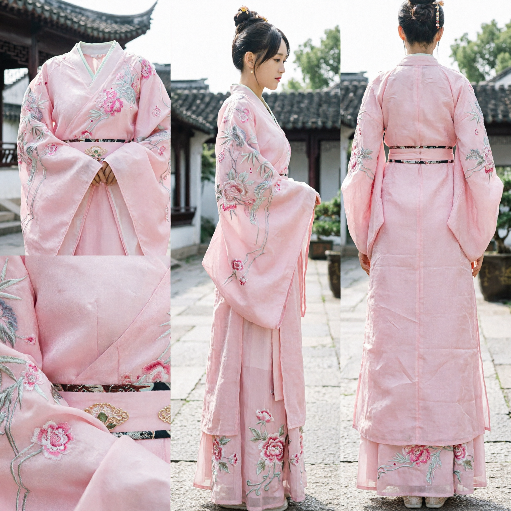 Elegant Pink Traditional Chinese Hanfu Ancient Costume Embroidered Floral Robe for Women Historical Performance