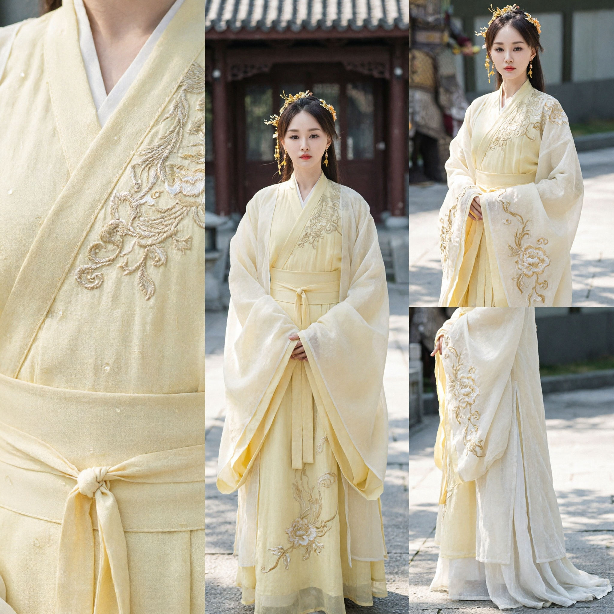 Traditional Chinese Yellow Hanfu Ancient Princess Costume Embroidered Wide Sleeve Robe for Women