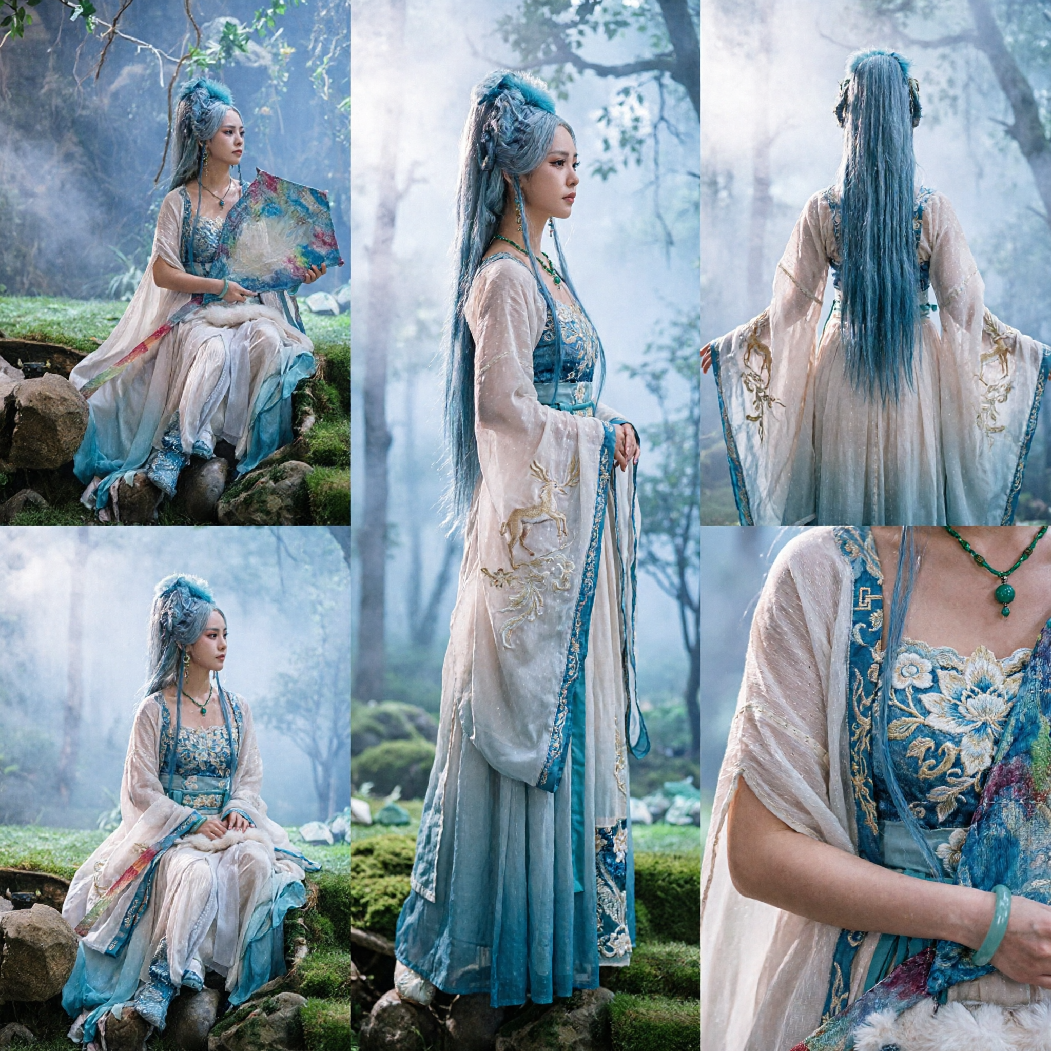 Chinese Traditional Hanfu Costume Blue Fairy Dress Ancient Clothing Complete Set with Fan for Women