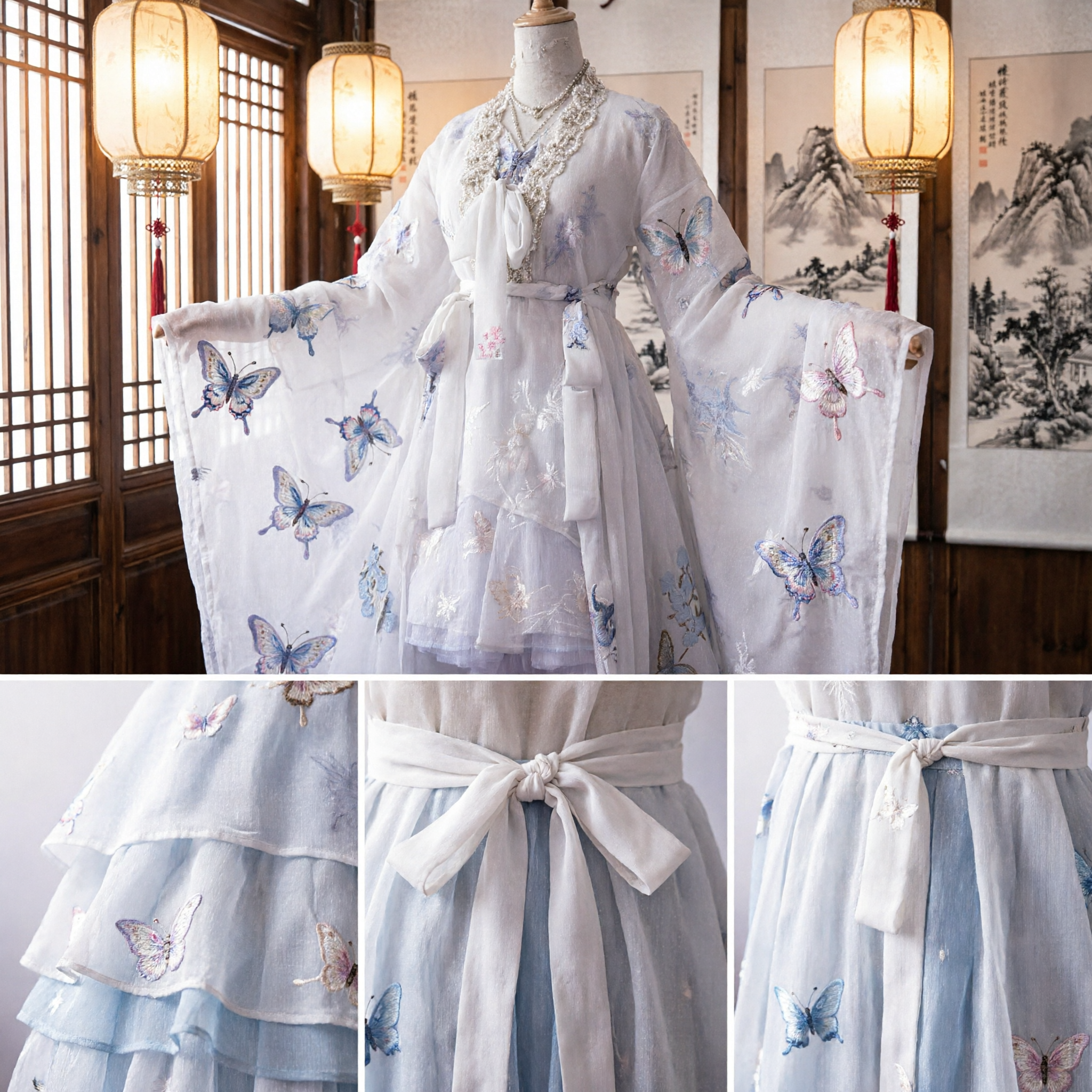 Ancient Chinese Hanfu White Fairy Dress Blue Floral Wide Sleeve Tang Dynasty Costume for Women