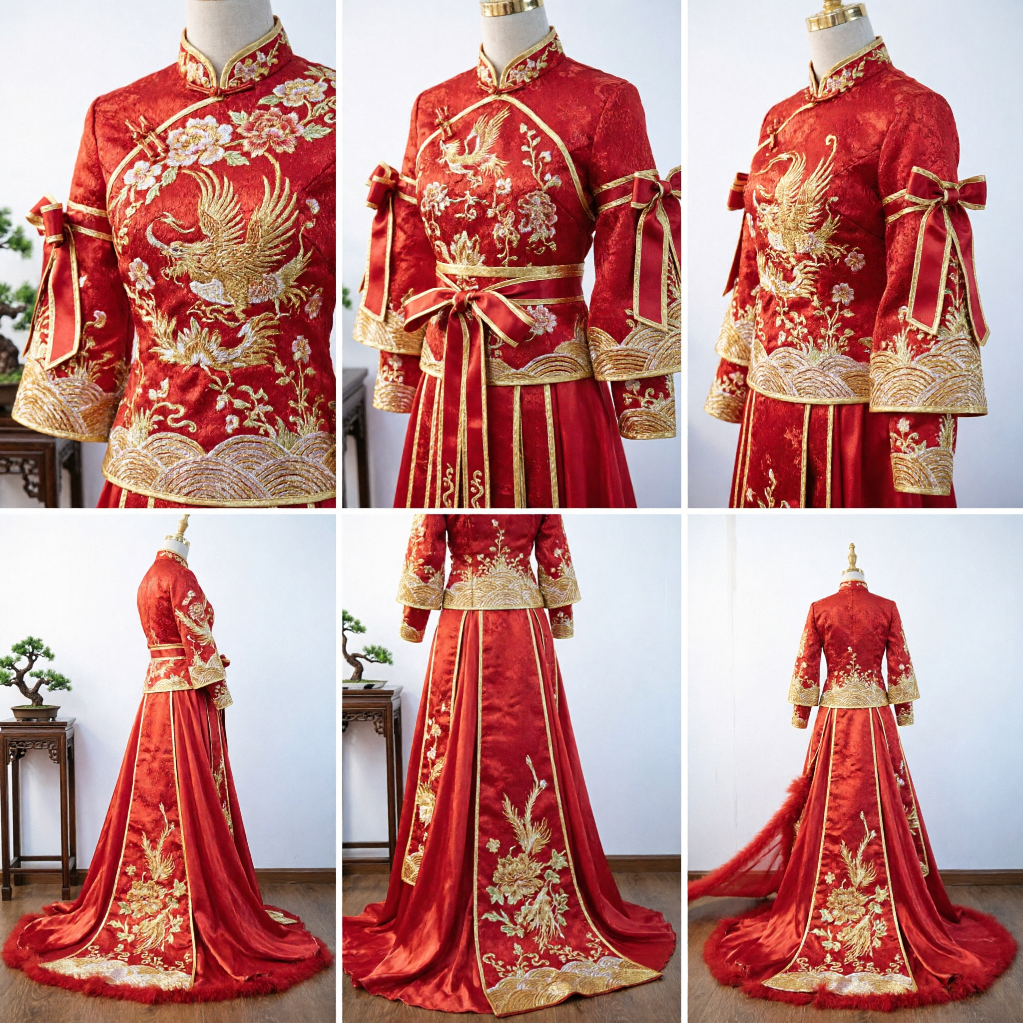 Traditional Chinese Red Wedding Dress Hanfu Ancient Costume Embroidered Gown with Long Train for Women
