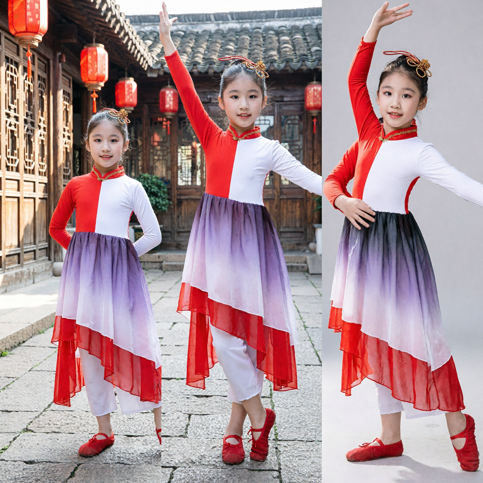Kids Chinese Folk Dance Costume Girls Traditional Yangko Stage Performance Dress Red White Gradient Outfit