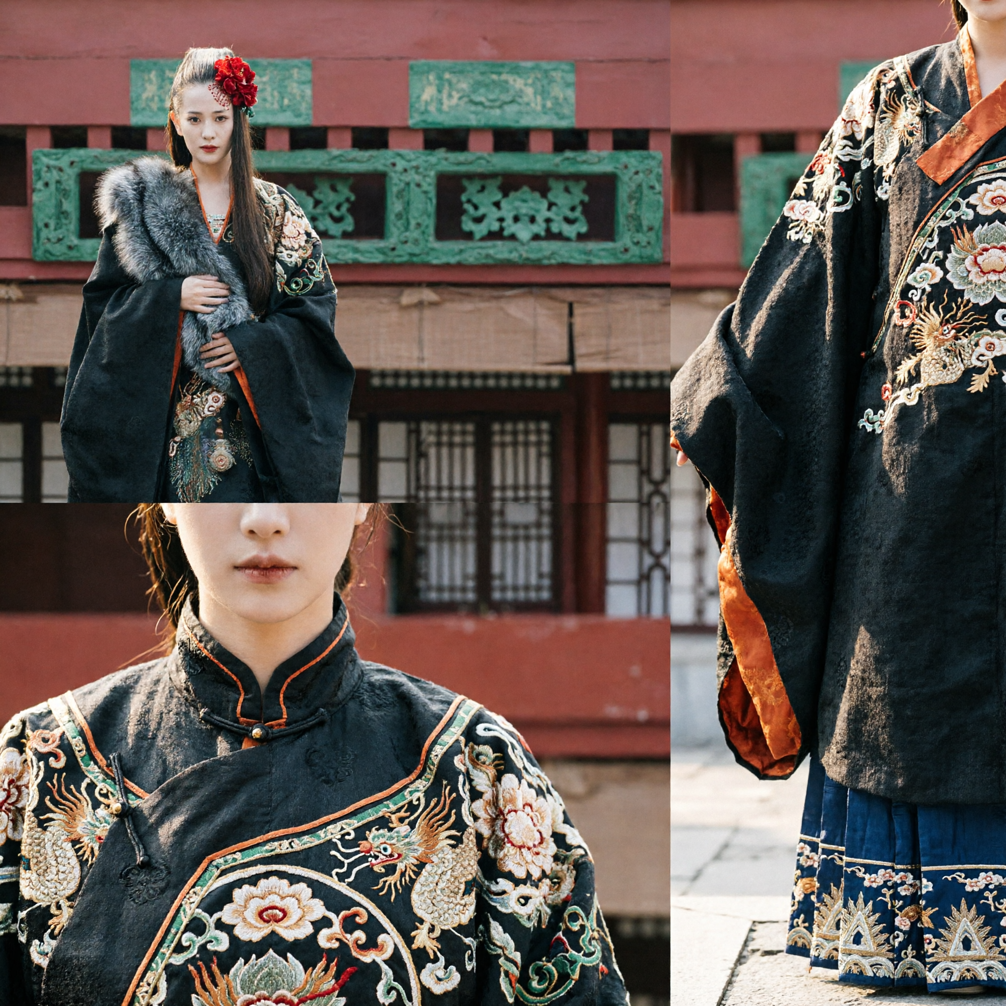 Ancient Chinese Queen Hanfu Costume Black Fur Collar Embroidered Robe for Women Historical Drama Cosplay