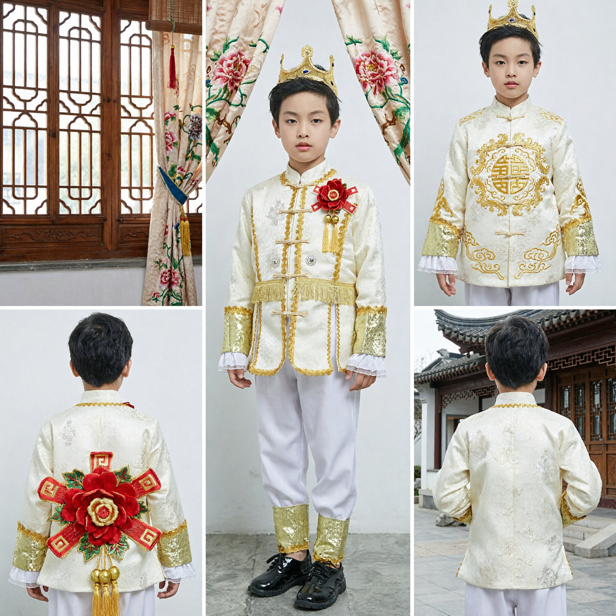 Kids Boys White Prince Costume Gold Trim Royal King Suit for Stage Performance Halloween Party