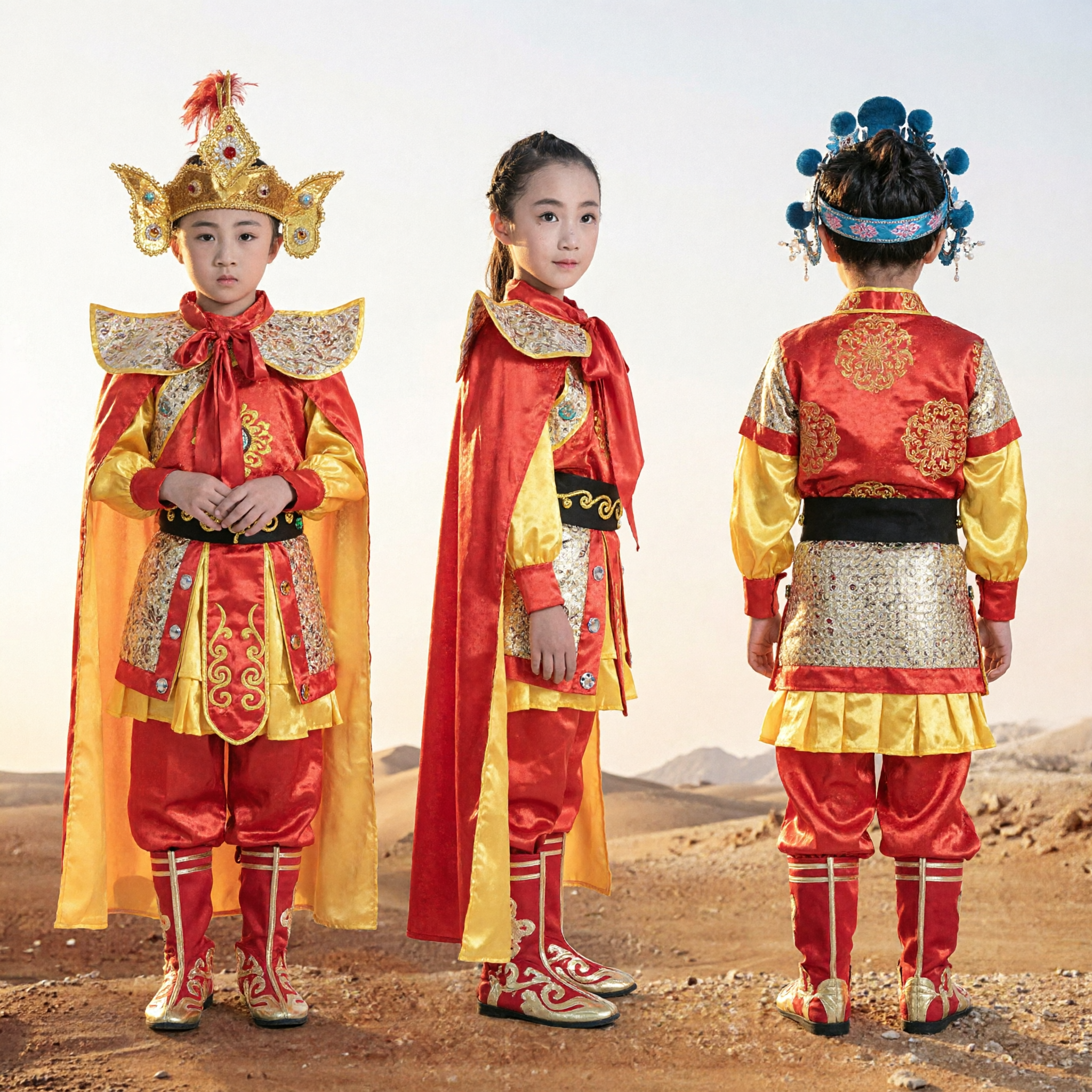 Kids Chinese Traditional Opera General Costume Warrior Stage Performance Outfit with Red Cape and Pheasant Headdress