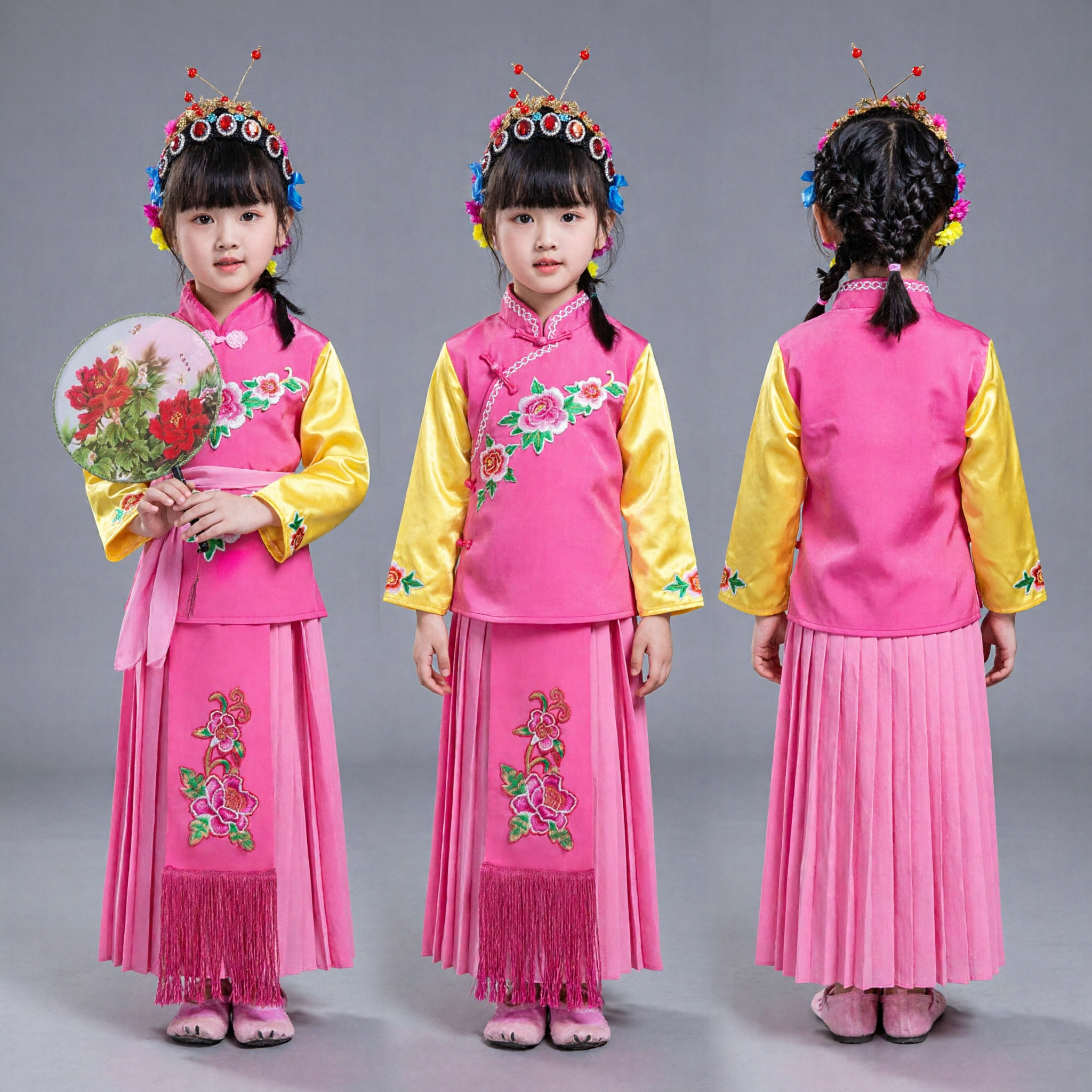 Children Traditional Chinese Opera Costume Pink Embroidered Hanfu Dress with Headpiece for Girls Dance Performance