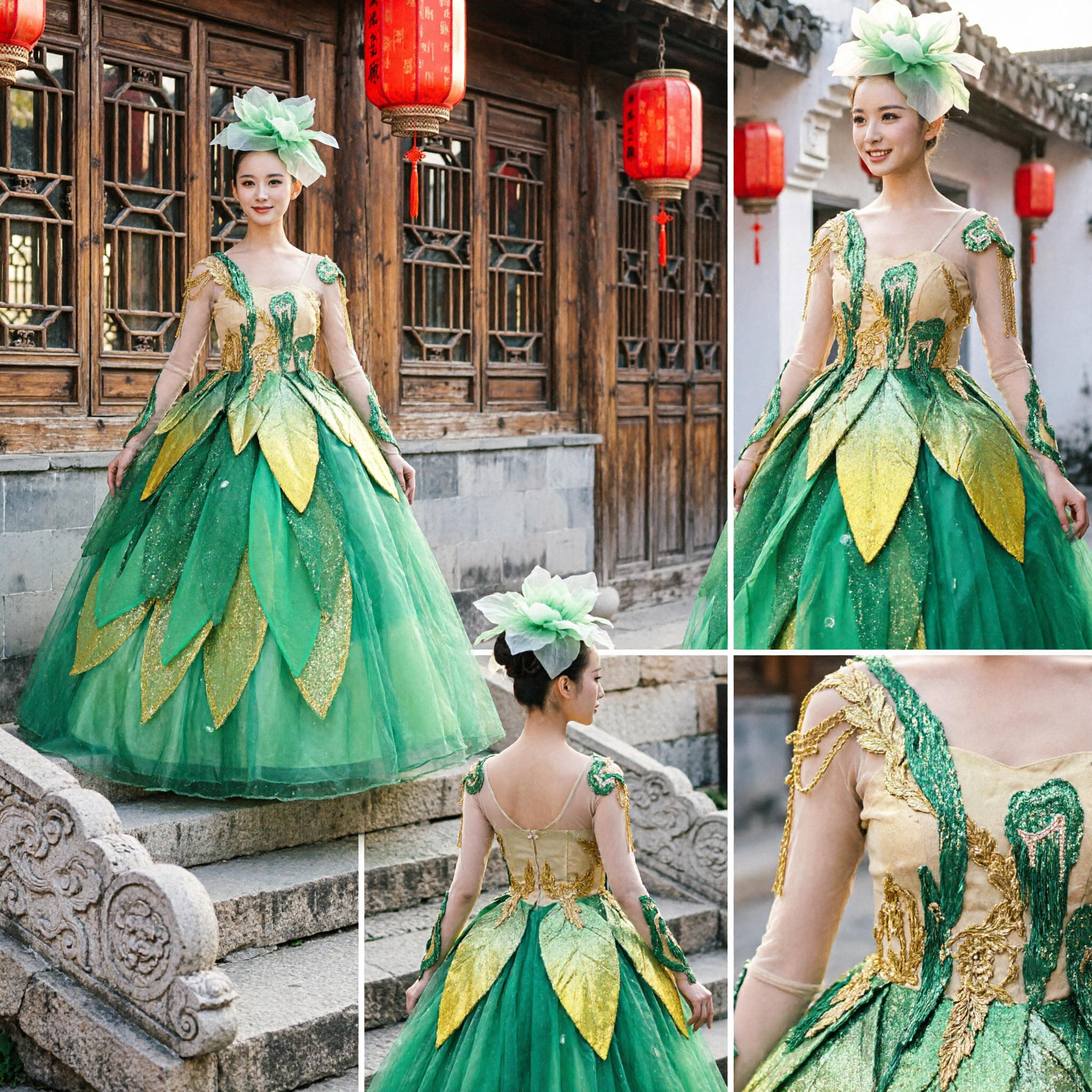 Elegant Green Leaf Stage Performance Dress Women's Nature Themed Ballgown Dance Costume for Theater