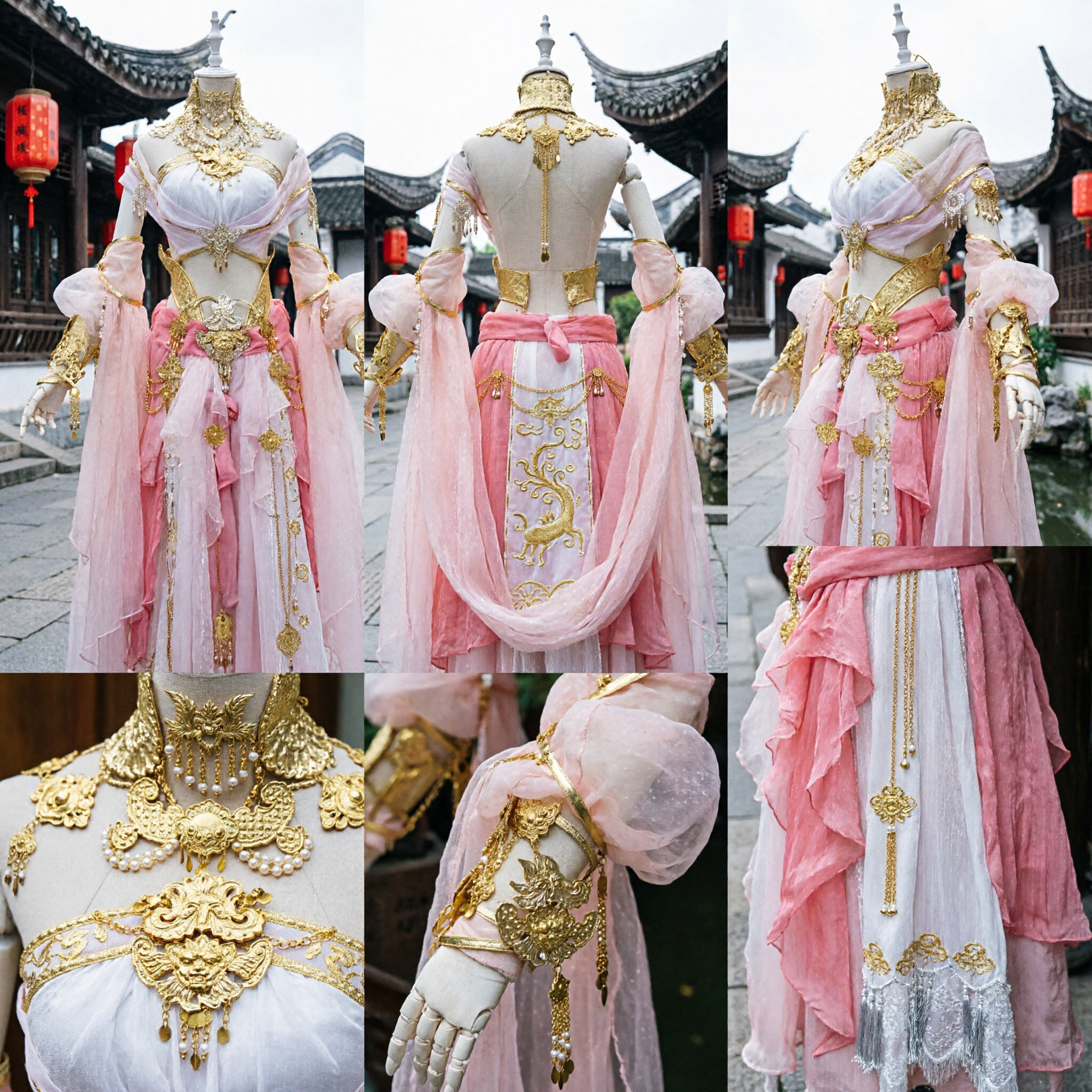 Traditional Chinese Pink Fairy Goddess Costume Ancient Hanfu Dress with Gold Embroidery for Dance Performance