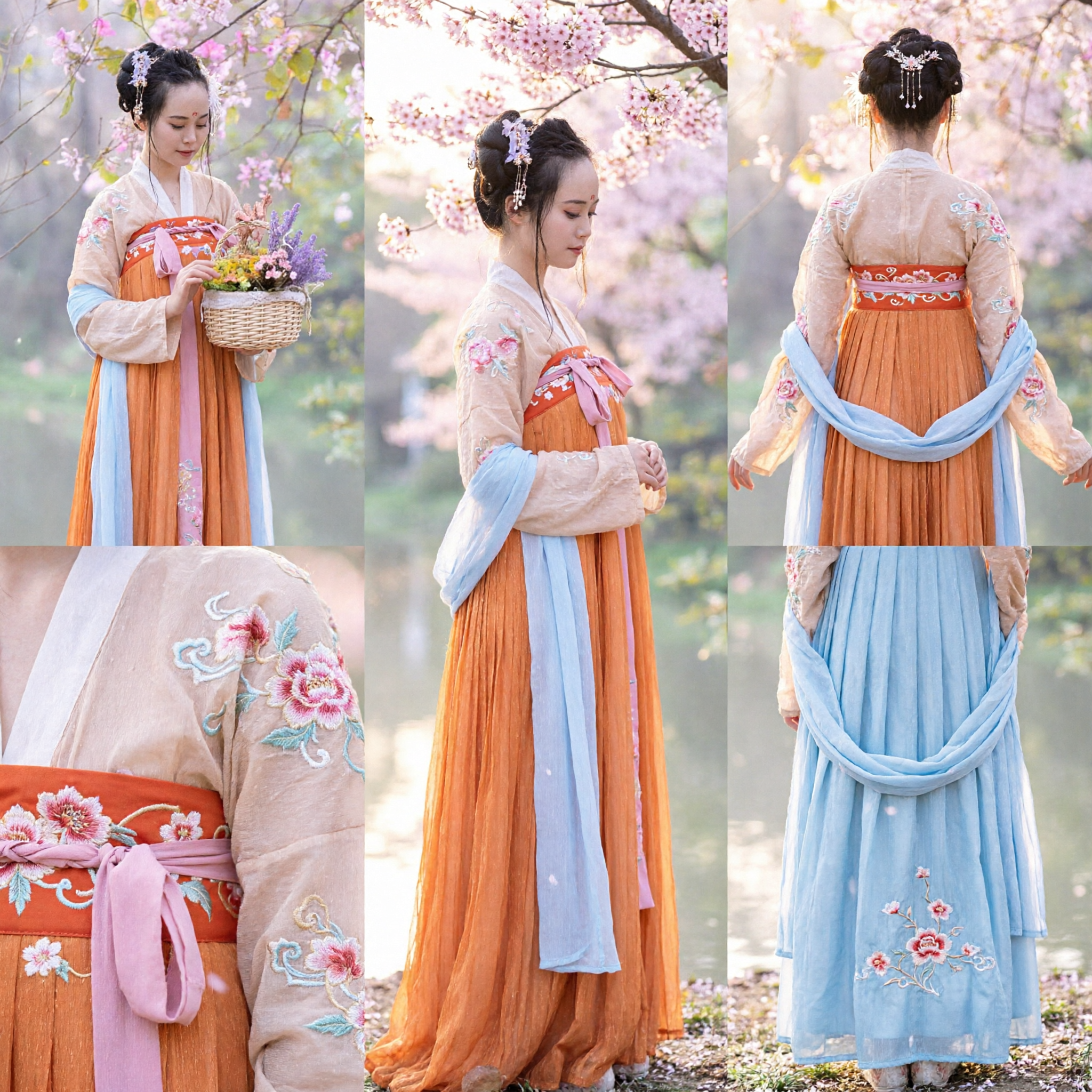 Ancient Chinese Hanfu Costume Tang Dynasty Style Embroidered Blouse and Orange Long Skirt for Women