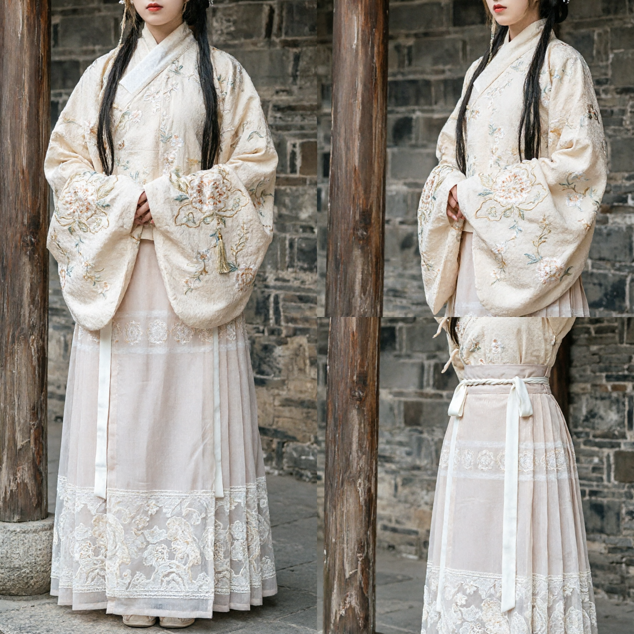 Traditional Chinese Ming Dynasty Hanfu Costume for Women Elegant Cream Embroidered Top and Pink Horse Face Skirt