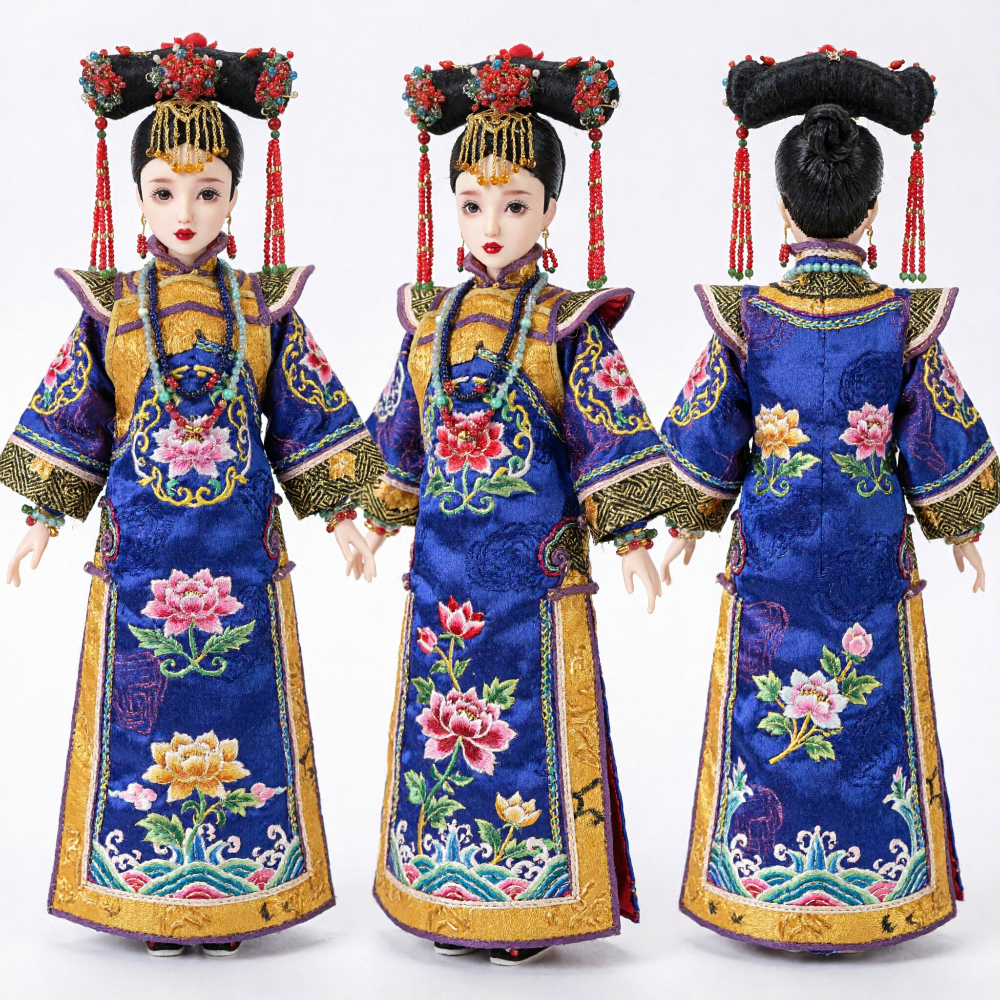 Traditional Chinese Qing Dynasty Empress Doll with Elaborate Manchu Headdress and Embroidered Robe for Home Decor