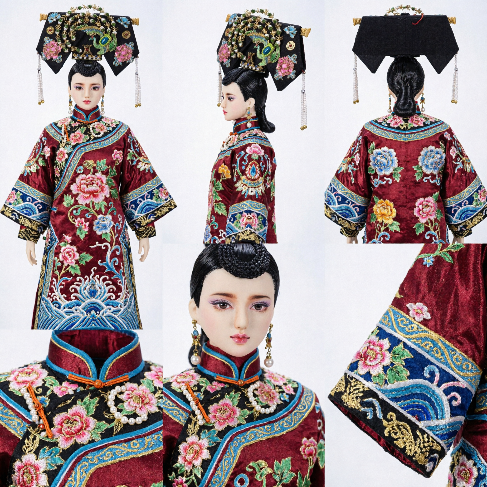 Traditional Chinese Qing Dynasty Manchu Headdress Dianzi with Peacock and Pearl Ornaments Ancient Costume Hair Accessory