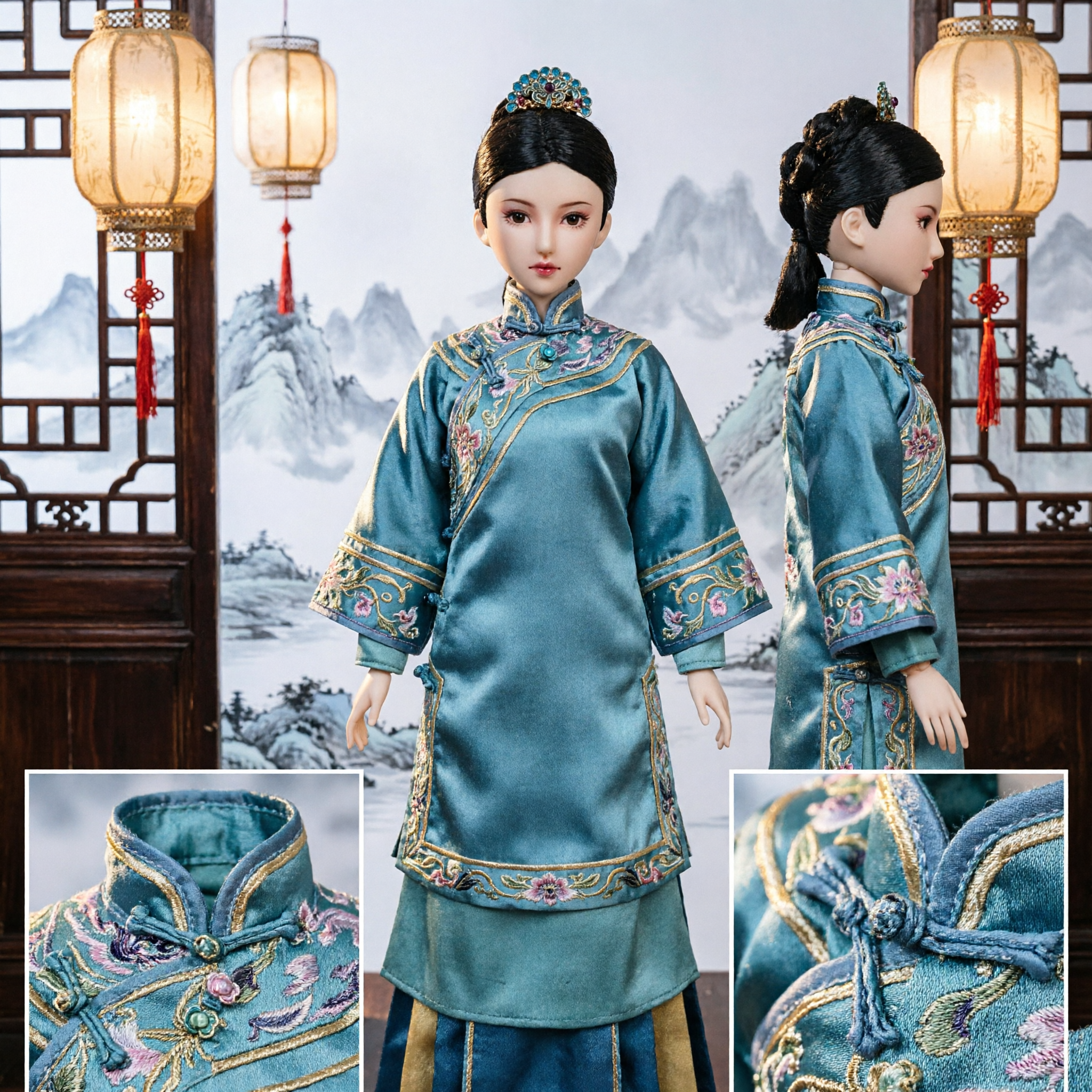 Traditional Chinese Ancient Style Black Hair Wig with Blue Gem Headpiece for BJD Doll Costume