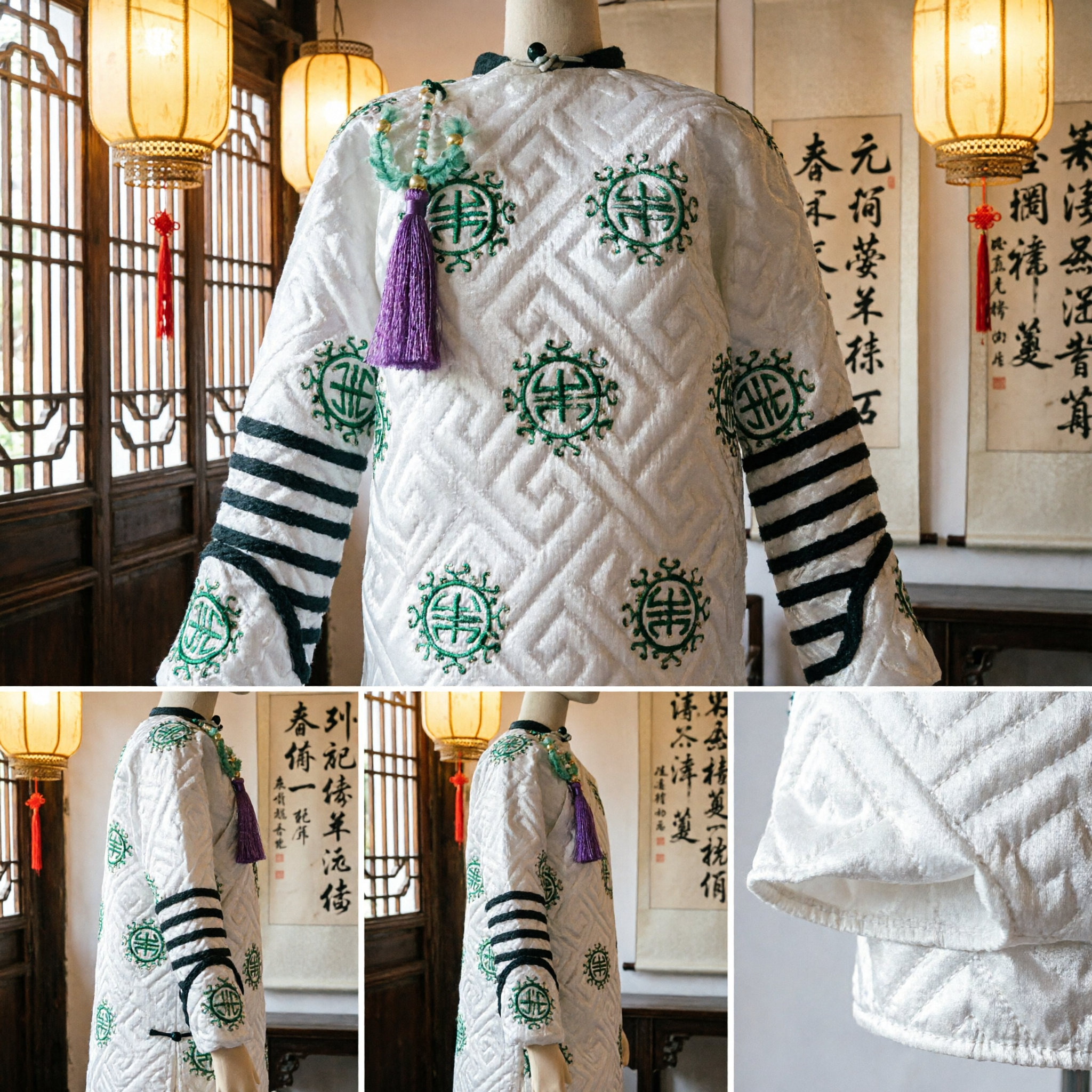 White Traditional Chinese Costume Robe with Green Longevity Embroidery for Stage Performance and Cultural Events