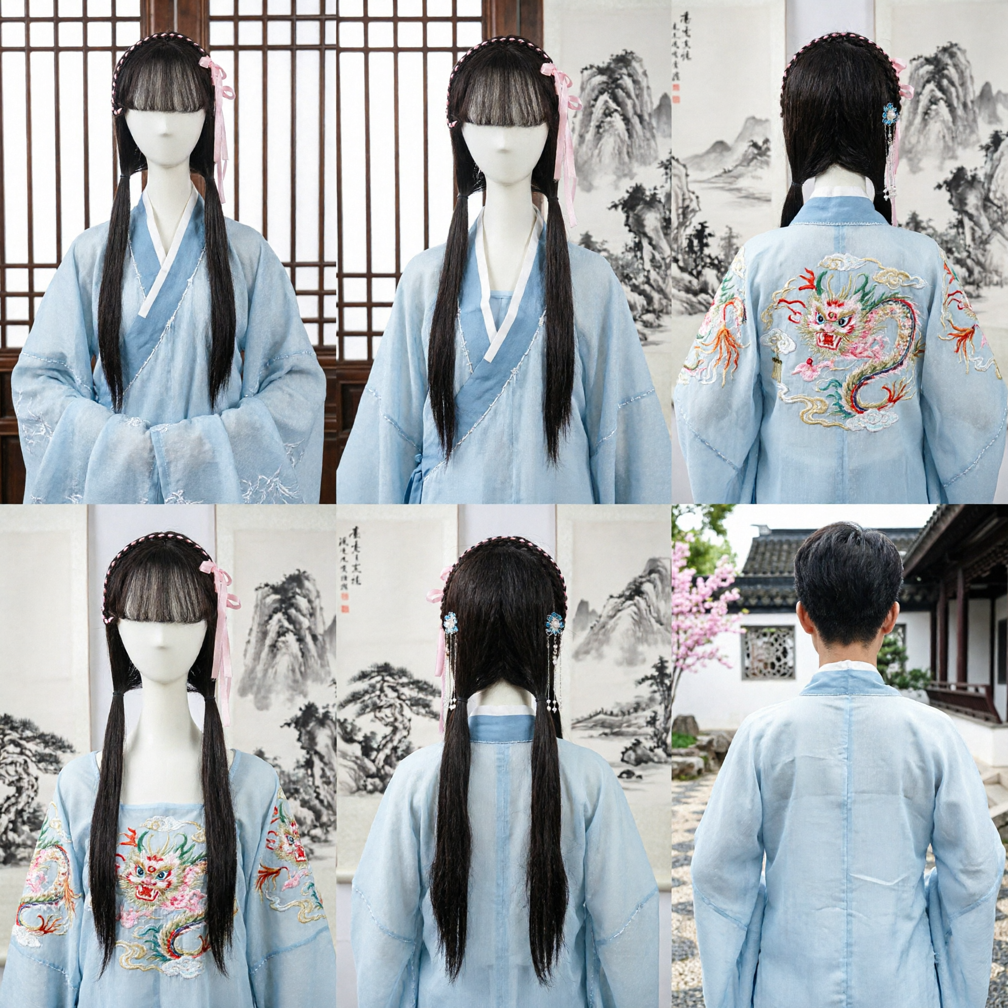 Traditional Chinese Ancient Style Wig Long Black Hair with Floral Headband for Hanfu Cosplay