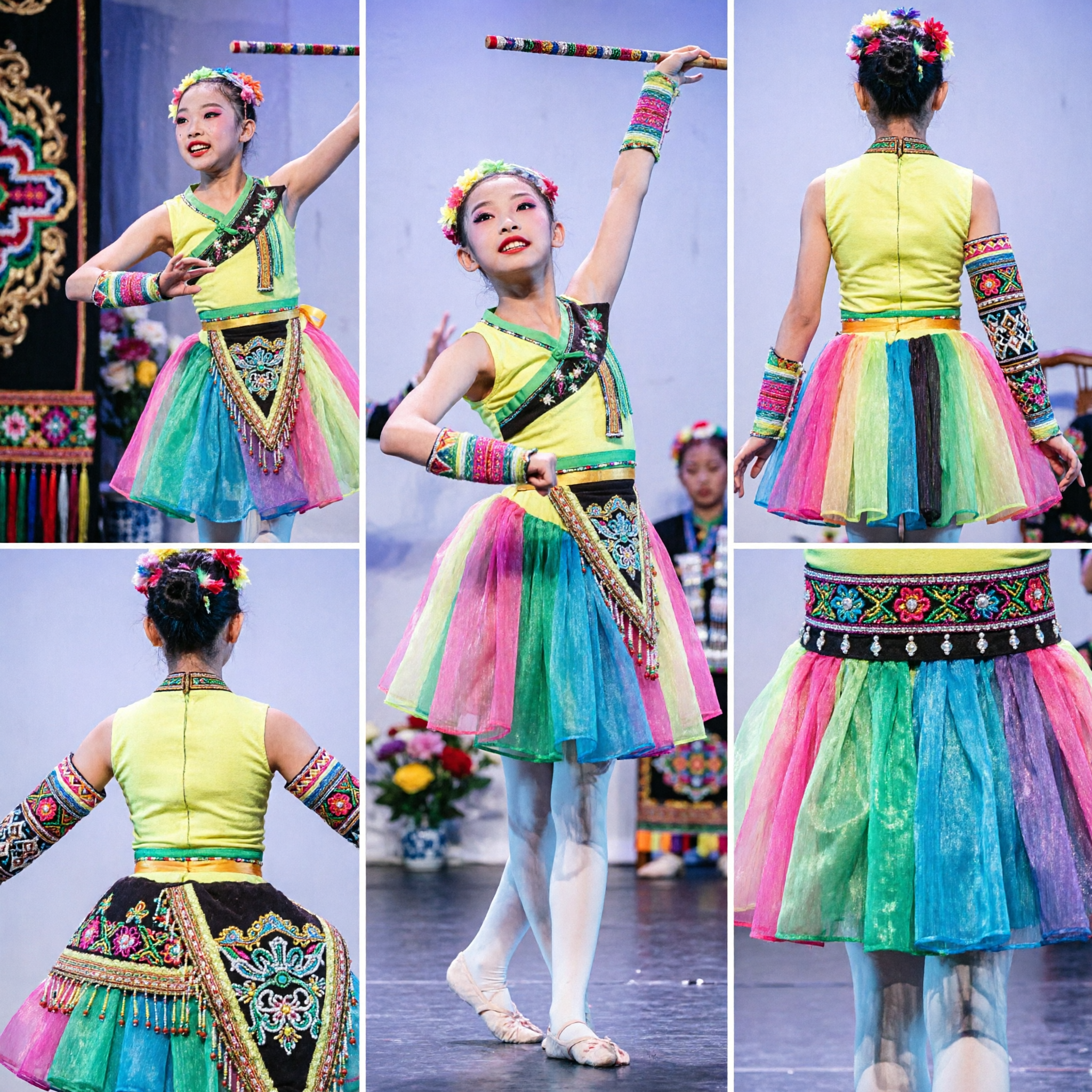 Chinese Ethnic Dance Costume for Girls Colorful Folk Stage Performance Dress Kids Traditional Outfit