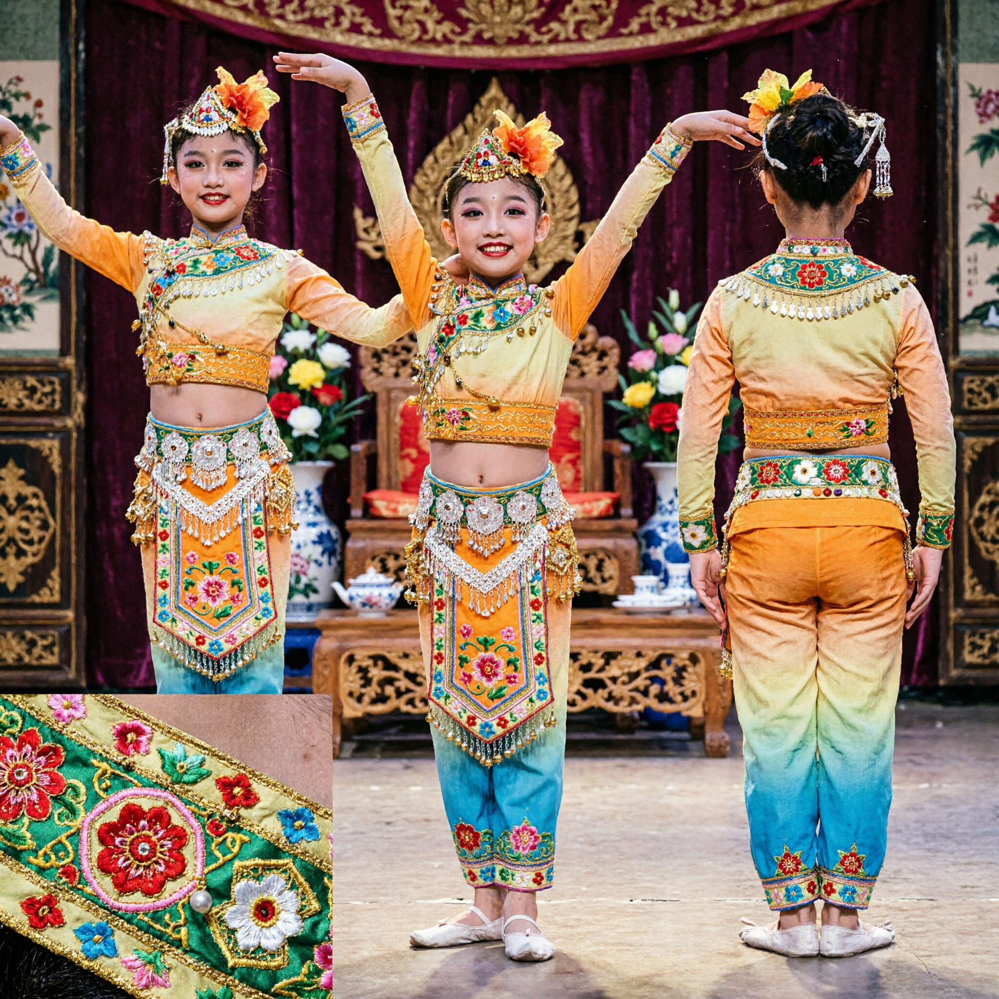 Kids Chinese Dai Minority Peacock Dance Costume Yellow Sequin Stage Performance Outfit for Girls