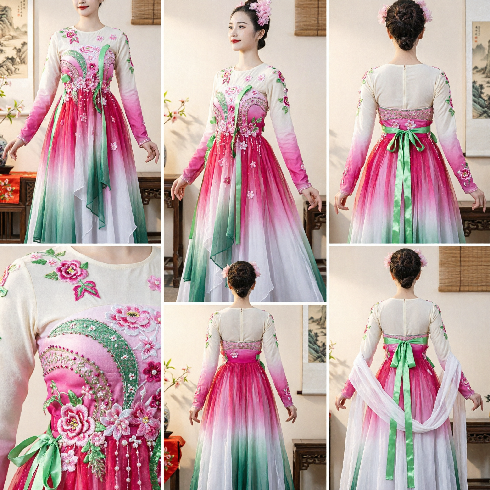 Traditional Chinese Classical Dance Costume Women Pink Gradient Floral Embroidery Long Sleeve Stage Performance Dress