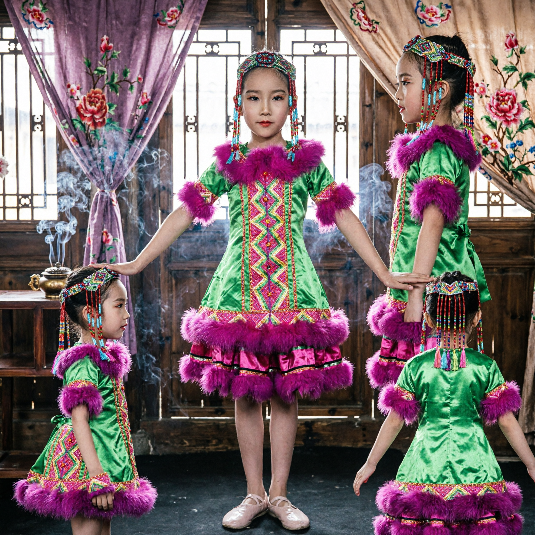 Kids Chinese Miao Ethnic Dance Costume Green Satin Folk Dress with Headdress for Stage Performance