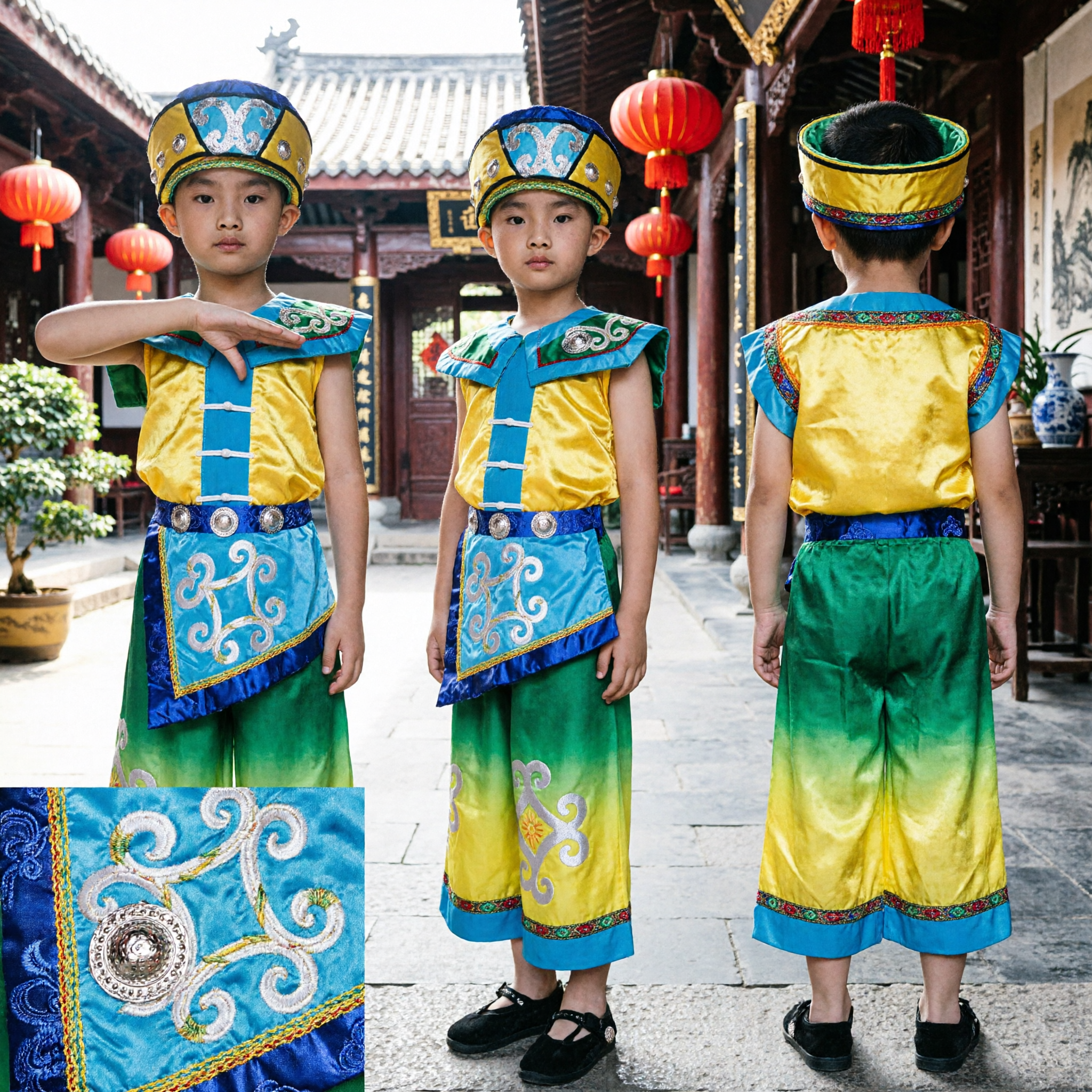 Chinese Traditional Mongolian Dance Costume for Girls Kids Ethnic Minority Stage Performance Yellow Blue Outfit