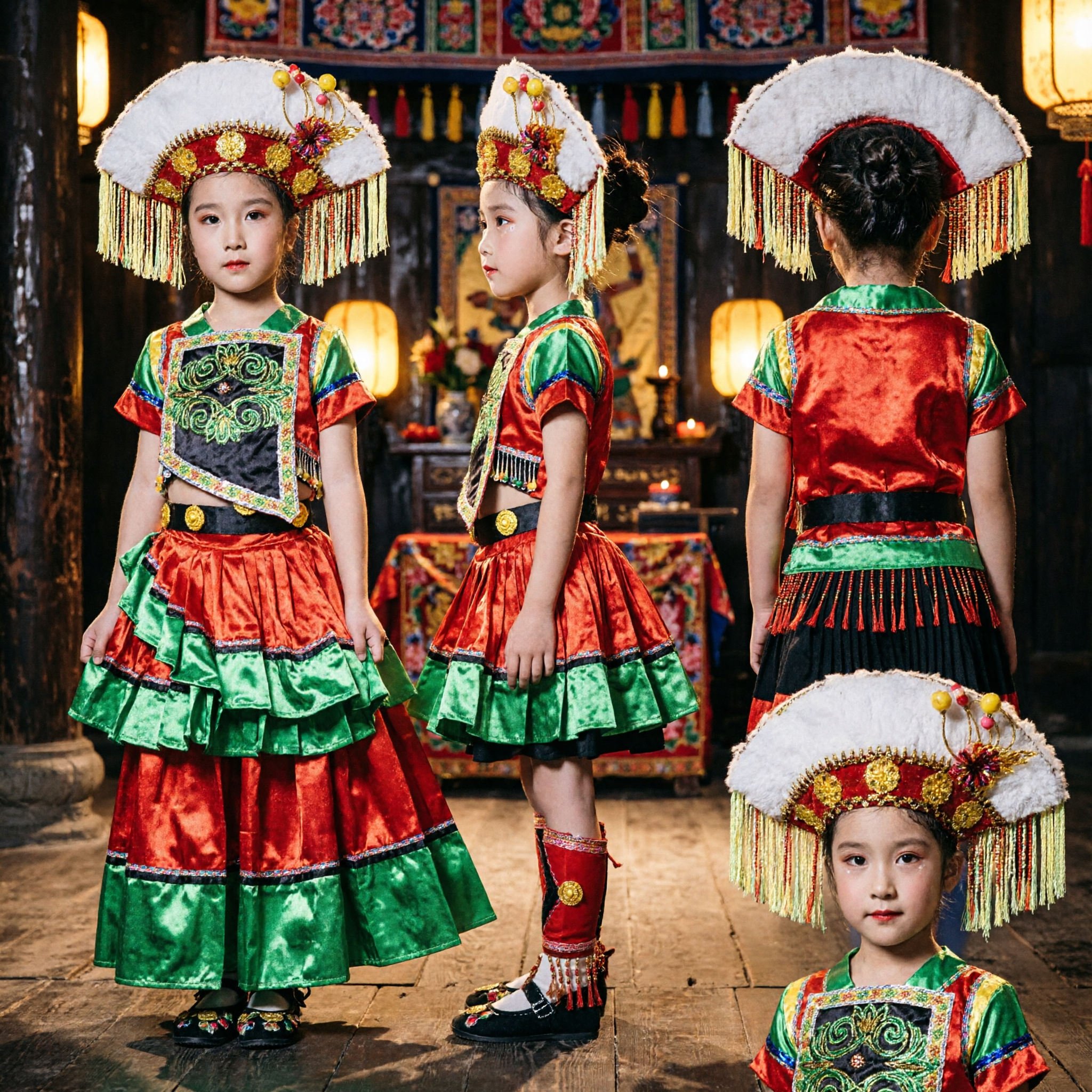 Girls Traditional Chinese Mongolian Ethnic Dance Costume Kids Folk Performance Dress Complete Set with Headdress